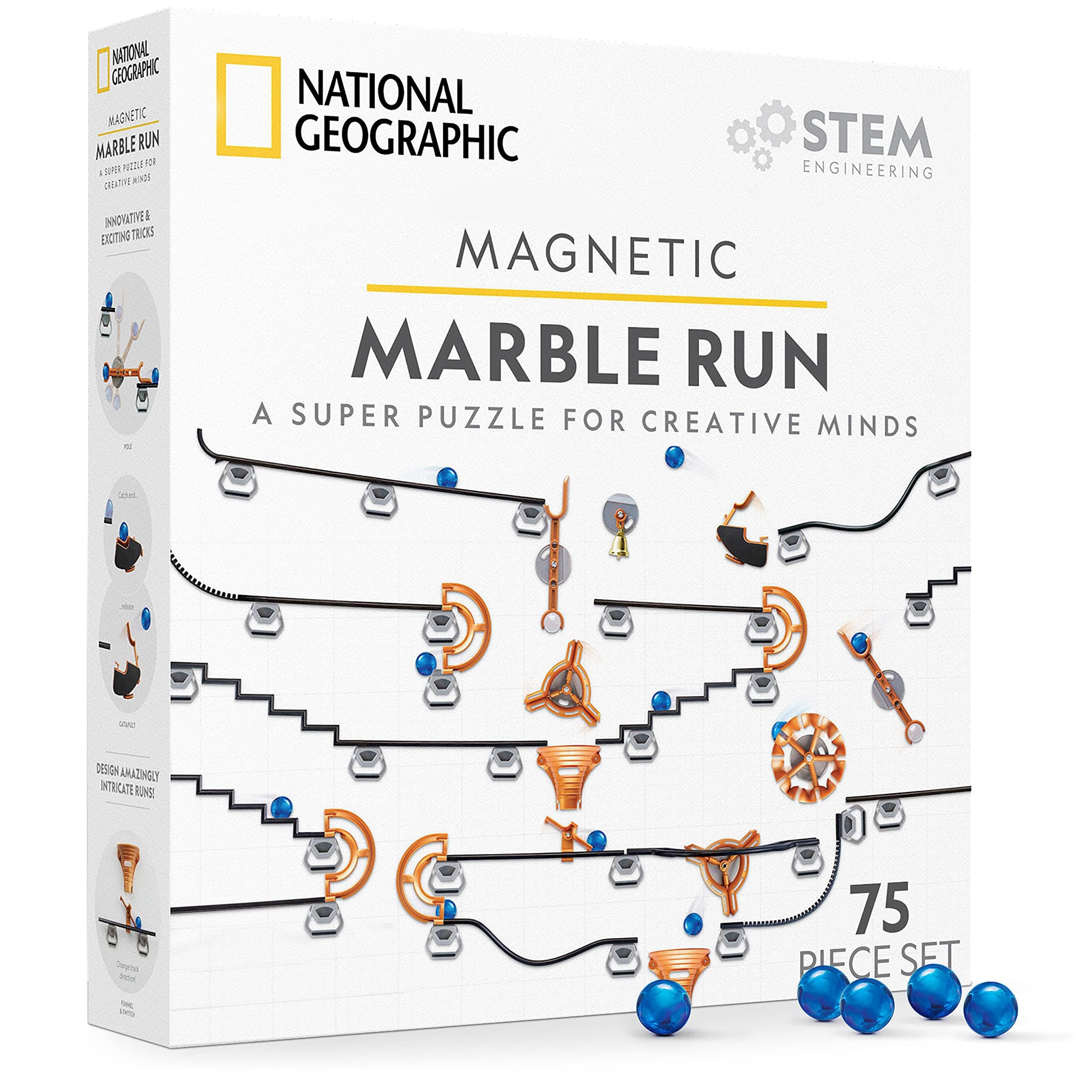National Geographic Magnetic Marble Run - 75-Piece STEM Building Set for Kids & Adults with Magnetic Track & Trick Pieces & Marbles for Building A Marble Maze, STEM Project