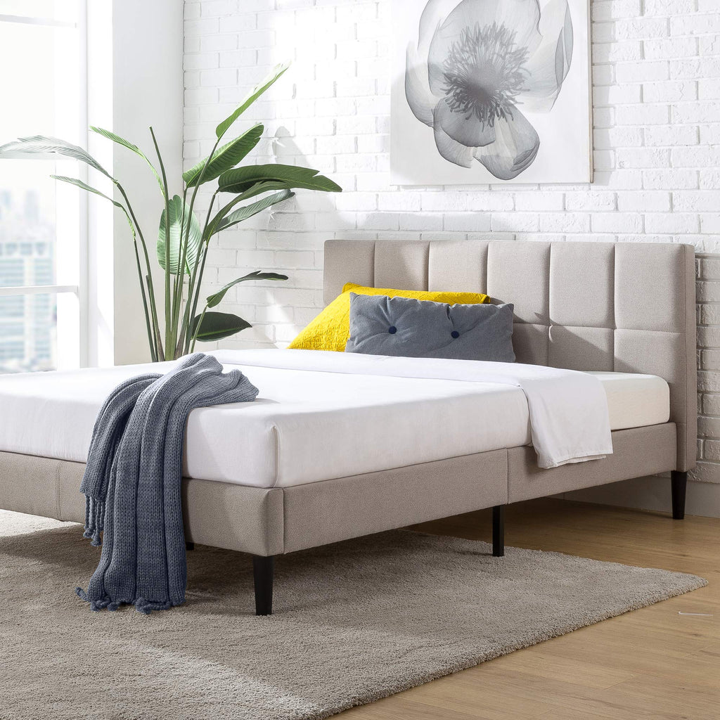 ZINUS Lottie Upholstered Platform Bed Frame with Short Headboard, Mattress Foundation, Wood Slat Support, No Box Spring Needed, Easy Assembly, Beige, Full