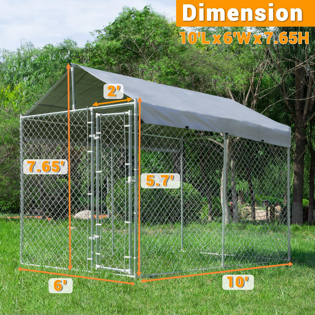Dog Kennel Outside with Roof, Large Dog Run Enclosure, Outdoor Heavy Duty Pens House Pet Playpen with Galvanized Chain Link Waterproof Cover and Secure Lock(6.76'Lx6.76'Wx5.64'H)