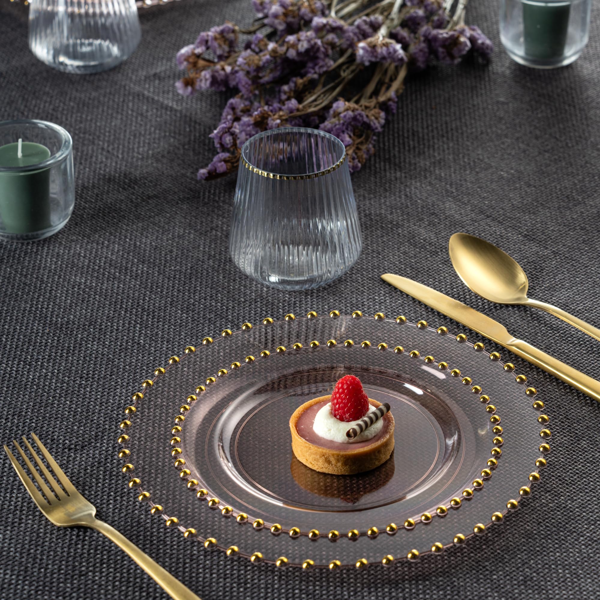 PLASTICPRO 32 Piece Combo Plastic Dinner Plates Disposable Plastic Fancy Heavy Duty Party Dishes 7 inch and 10 inch, Black and Gold Beaded