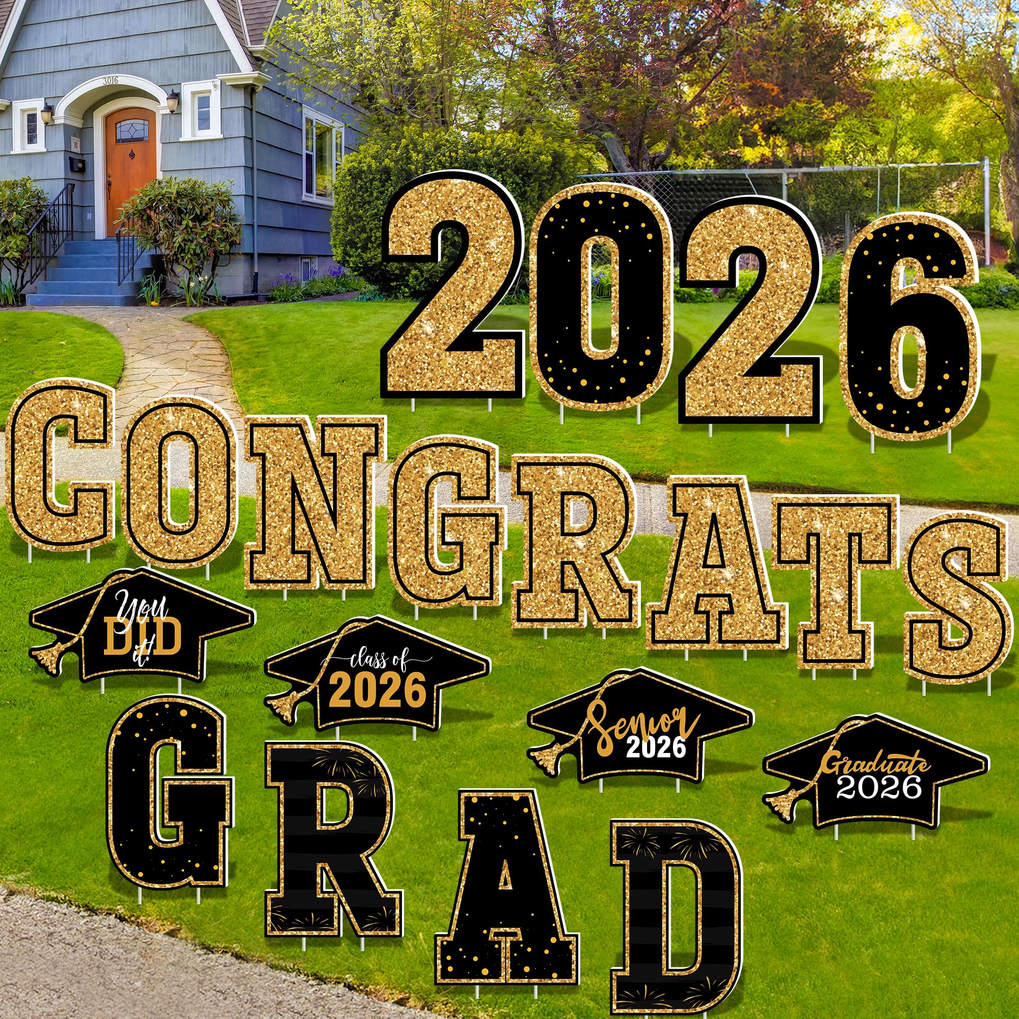 HOVACY 20 PCS Black Gold Graduation Yard Signs Class of 2026 | Black Gold 20 PCS, 40 Stakes, 11.57 x 16.14 in, Corrugated Plastic, Waterproof, Congrats Grad Sign, Graduation Sign