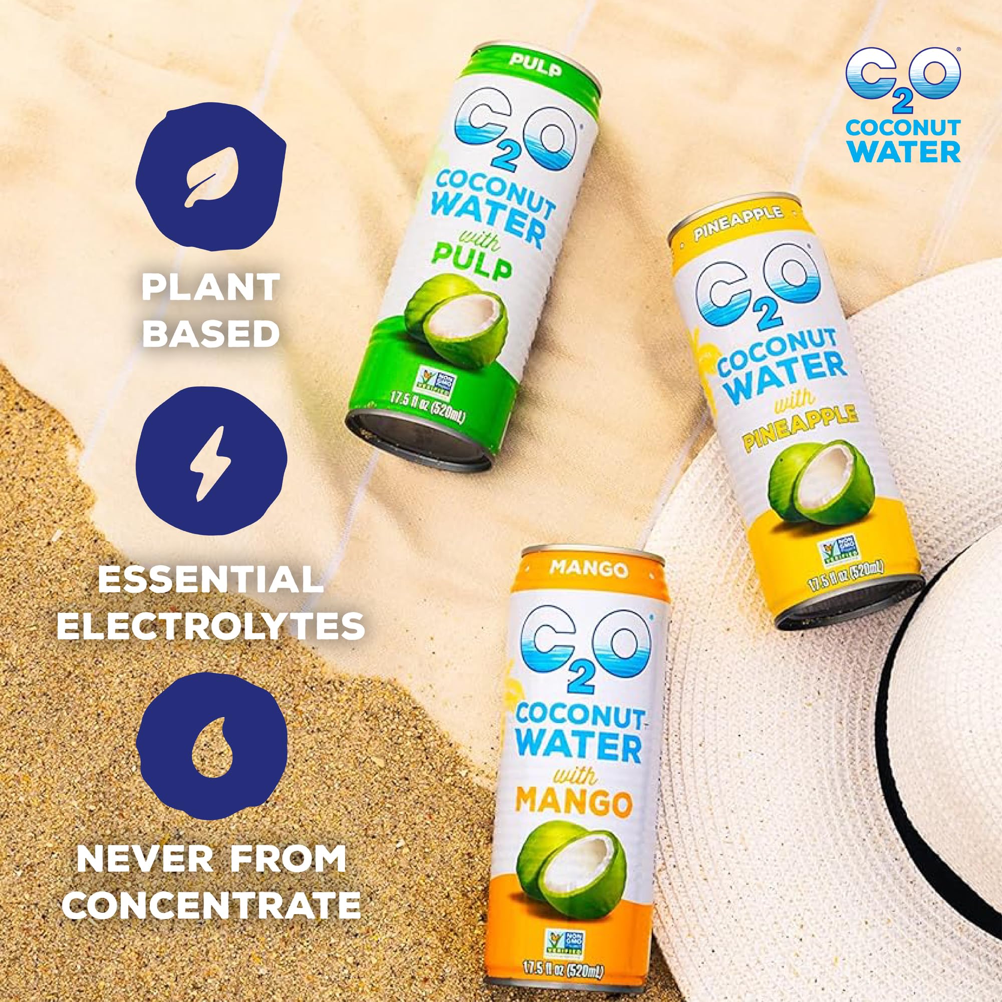 C2O - Coconut Water with Ginger, Lime, & Turmeric (12 Pack) - Made with Fresh Coconut Water - Plant Based - Non GMO - Canned Water - Natural Hydration, Electrolytes, & Potassium - 12 Cans, 17.5 FL OZ