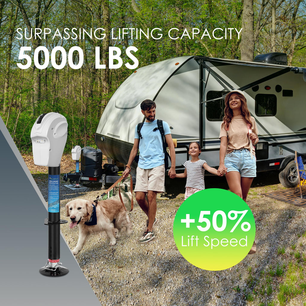 POLESTAR Electric Trailer Jack, 3500lbs Electric Power A- Frame Tongue Jack with Waterproof Protective Cover & LED Light for Travel Trailer Camper, RV, 12V DC with Hard Wiring, 9"-27" Lift