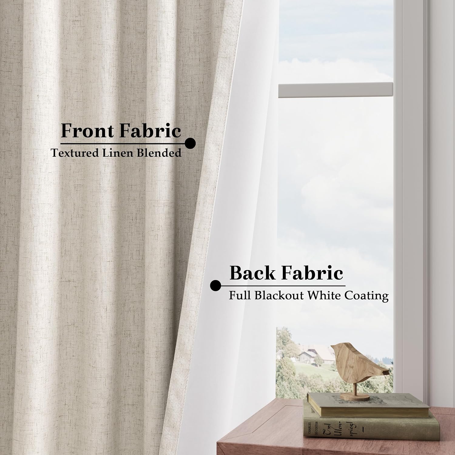 Joywell Extra Long 100% Blackout Linen Curtains 102 Inch Long 2 Panels Set for Bedroom Living Room Nursery,Back Tab Rod Pocket Room Darkening Thermal Insulated Black Out Window Drapes,Beige 52x102