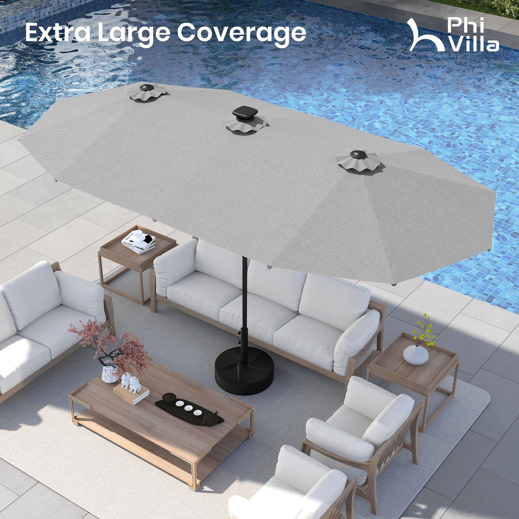 PHI VILLA 13ft Patio Umbrella with Solar-Powered 120 PCS LED Color-Changing Lights, Triple-Head Large Rectangle Umbrella Outdoor Patio for Table with Crank Lift,Beige(No Base)