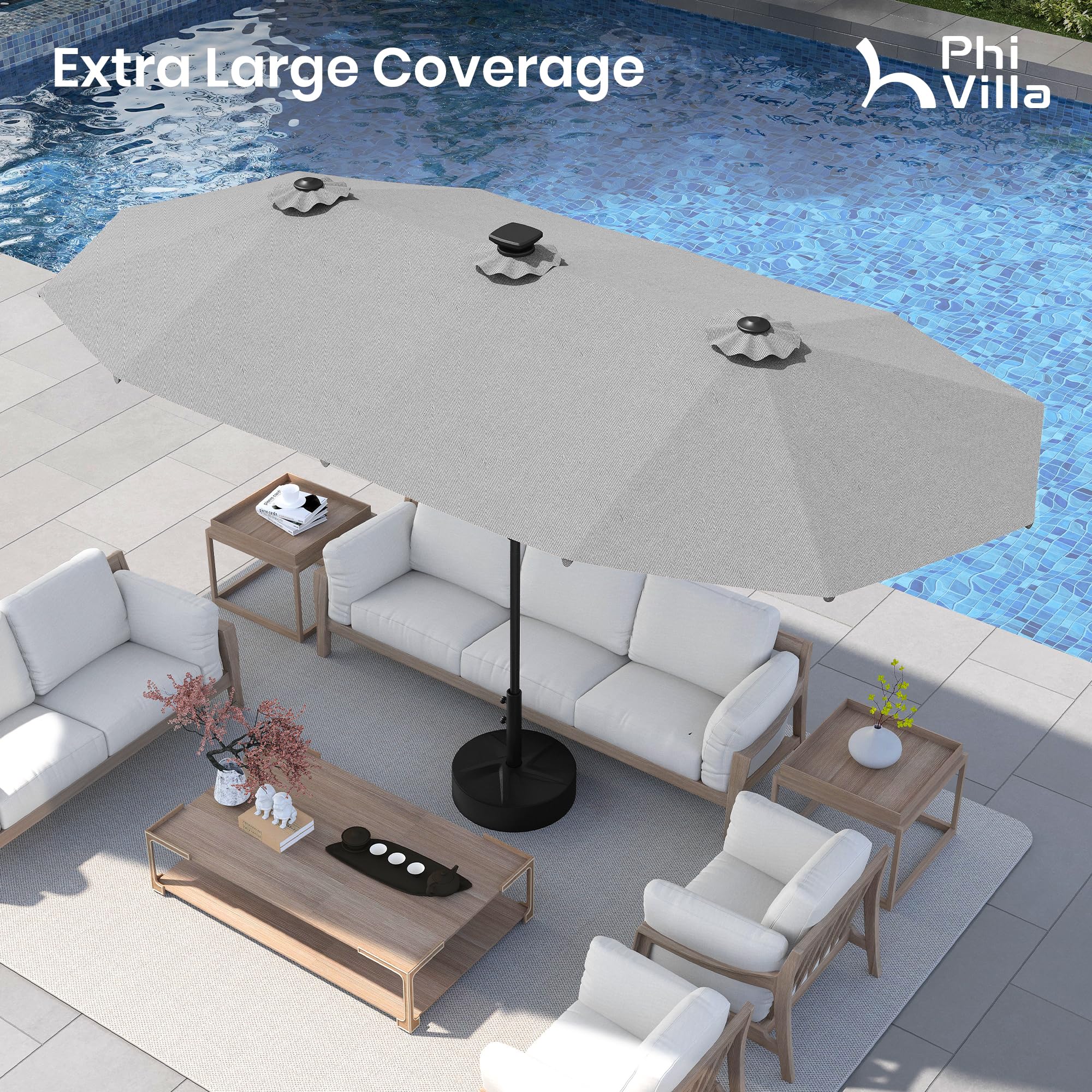 PHI VILLA 13ft Patio Umbrella with Solar-Powered 120 PCS LED Color-Changing Lights, Triple-Head Large Rectangle Umbrella Outdoor Patio for Table with Crank Lift,Beige(No Base)