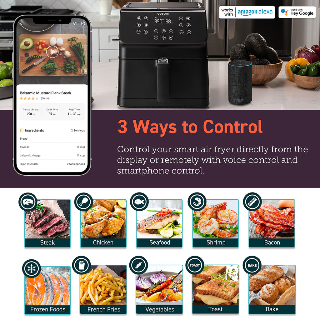 Cosori 12-in-1 Air Fryer 5.8QT, Toast, Bake, Nutrition Facts for 100+ In-App Recipes, AdaptIQ Tech Fast Cook, for Main & Side Dishes, Snacks, Leftovers, Detachable Square Basket, Dishwasher Safe
