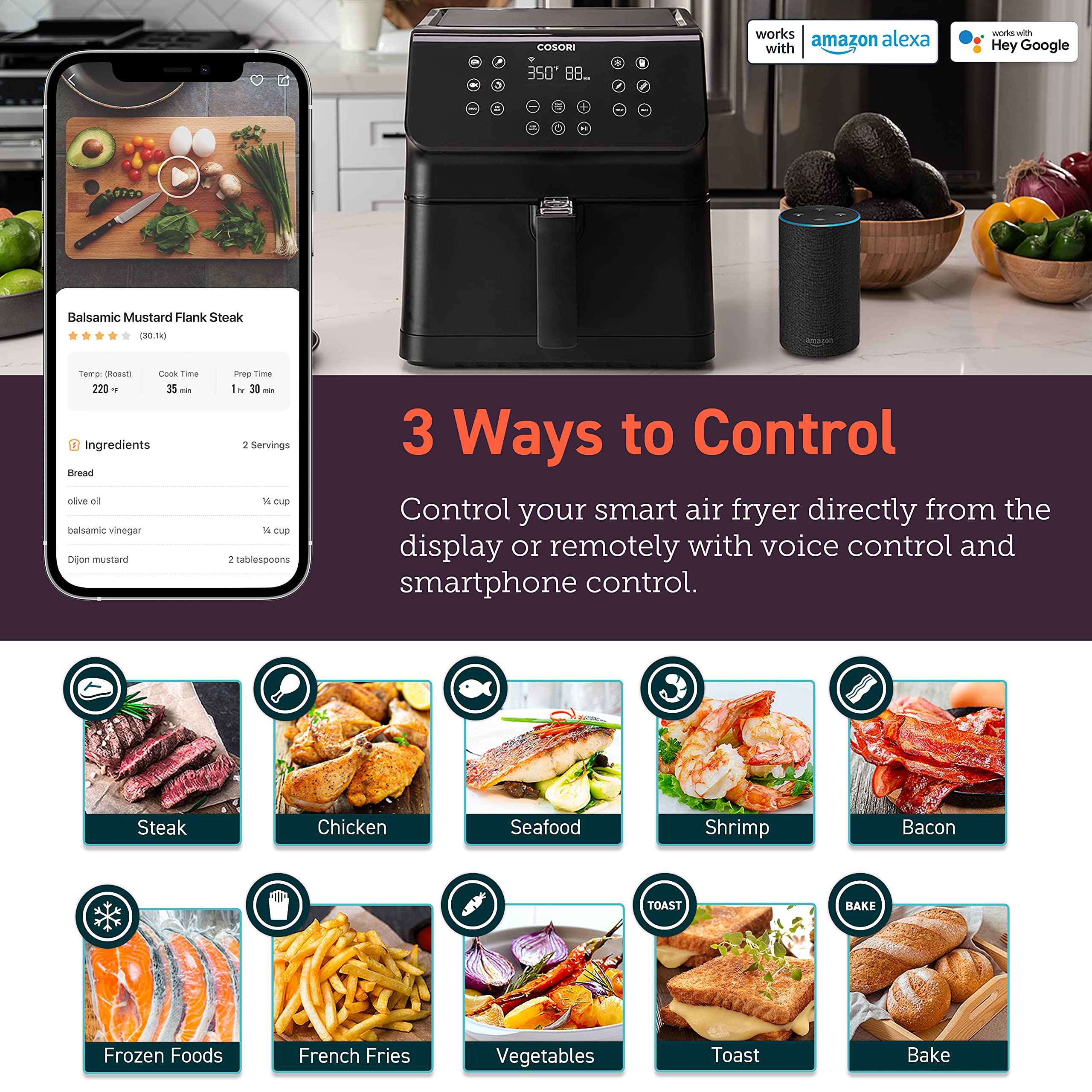 Cosori 12-in-1 Air Fryer 5.8QT, Toast, Bake, Nutrition Facts for 100+ In-App Recipes, AdaptIQ Tech Fast Cook, for Main & Side Dishes, Snacks, Leftovers, Detachable Square Basket, Dishwasher Safe