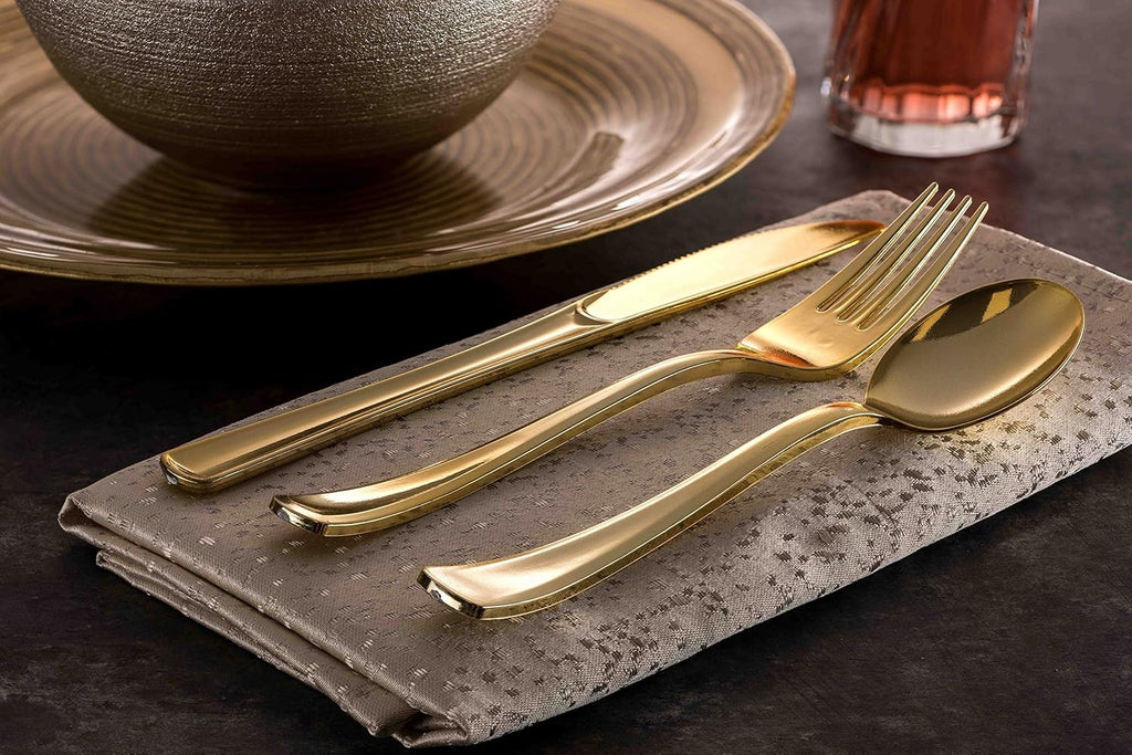 300 Gold Disposable Plastic Flatware Set - 100 Forks, 100 Spoons, 100 Knives - Heavy Duty Silverware for Party Bulk