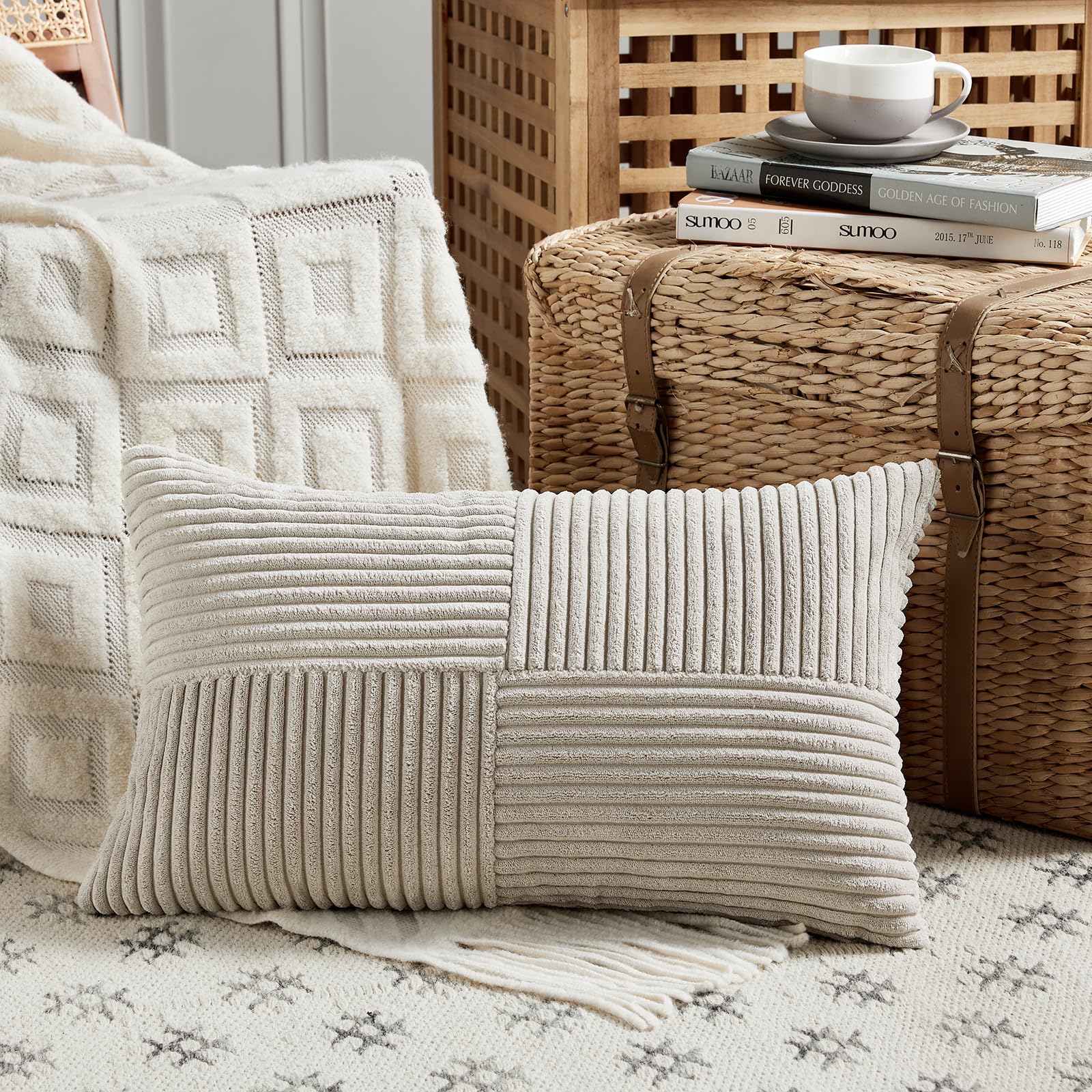 Fancy Homi Olive Green Samll Decorative Throw Pillow Covers 12x12 Inch with for Living Room Couch Bed Sofa, Rustic Farmhouse Boho Home Decor, Soft Corss Patchwork Corduroy Square Cushion Case 30x30 cm