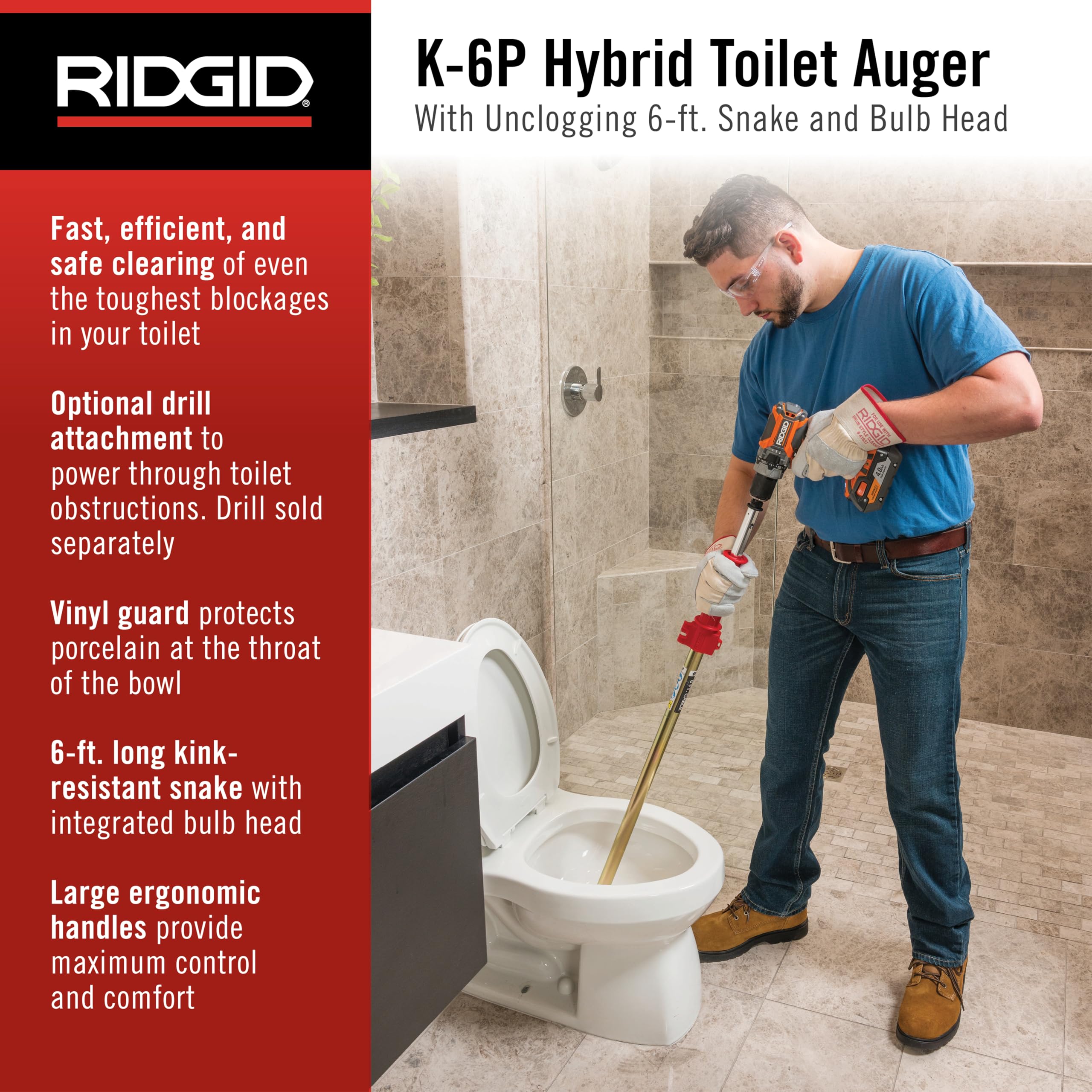 Closet Auger, 6 ft Cable Lg, 1/2 in Cable Dia, Power Drill Compatible, Bulb Head, Manual Cable Feed - 1 Each