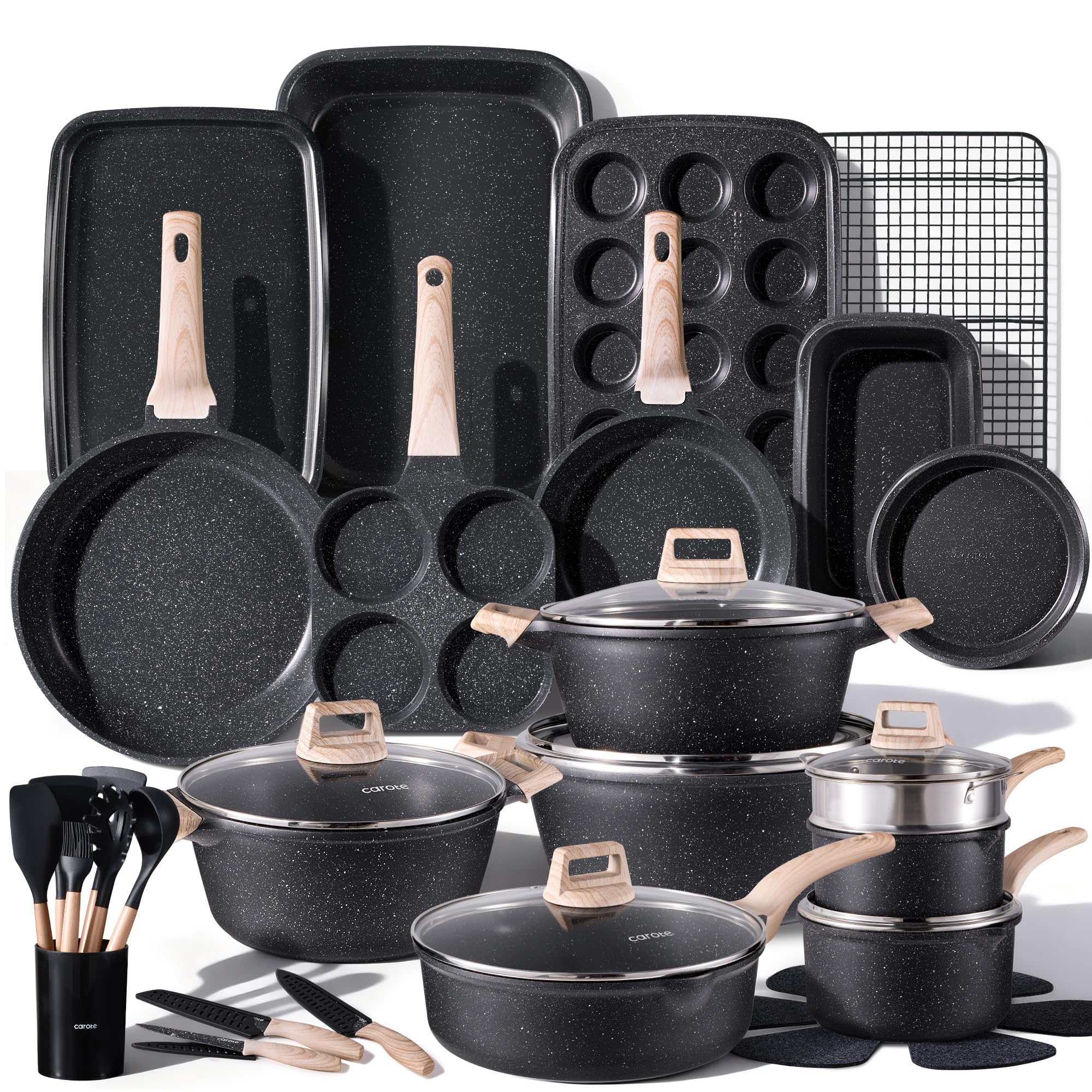 CAROTE 21pcs Pots and Pans Set Nonstick, Cookware Set Black Induction Kitchen Cooking Set w/Frying Pans & Saucepans(PFOS, PFOA Free)