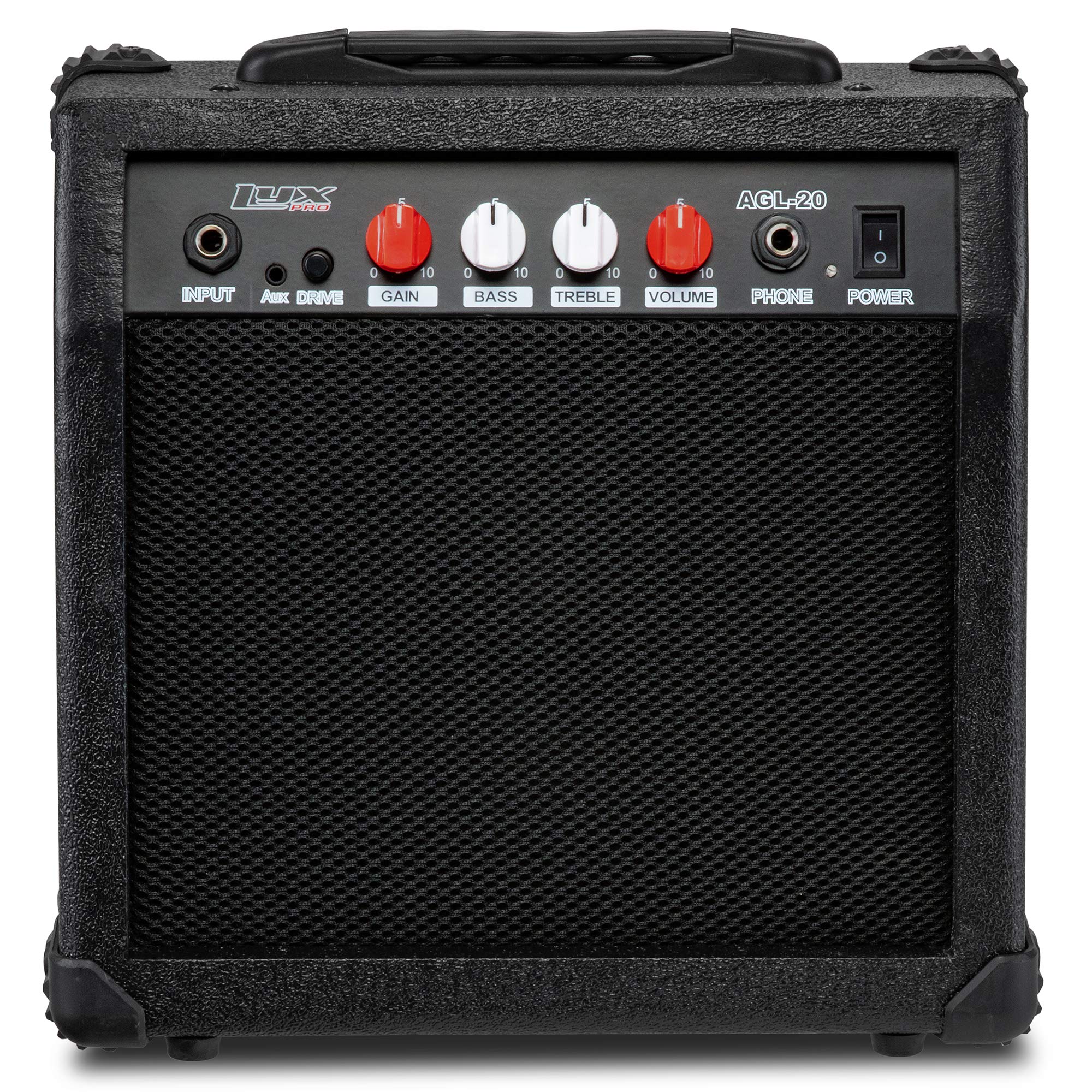LyxPro Electric Guitar Amp 20 Watt Amplifier Built in Speaker Headphone Jack and Aux Input Includes Gain Bass Treble Volume and Grind - Black
