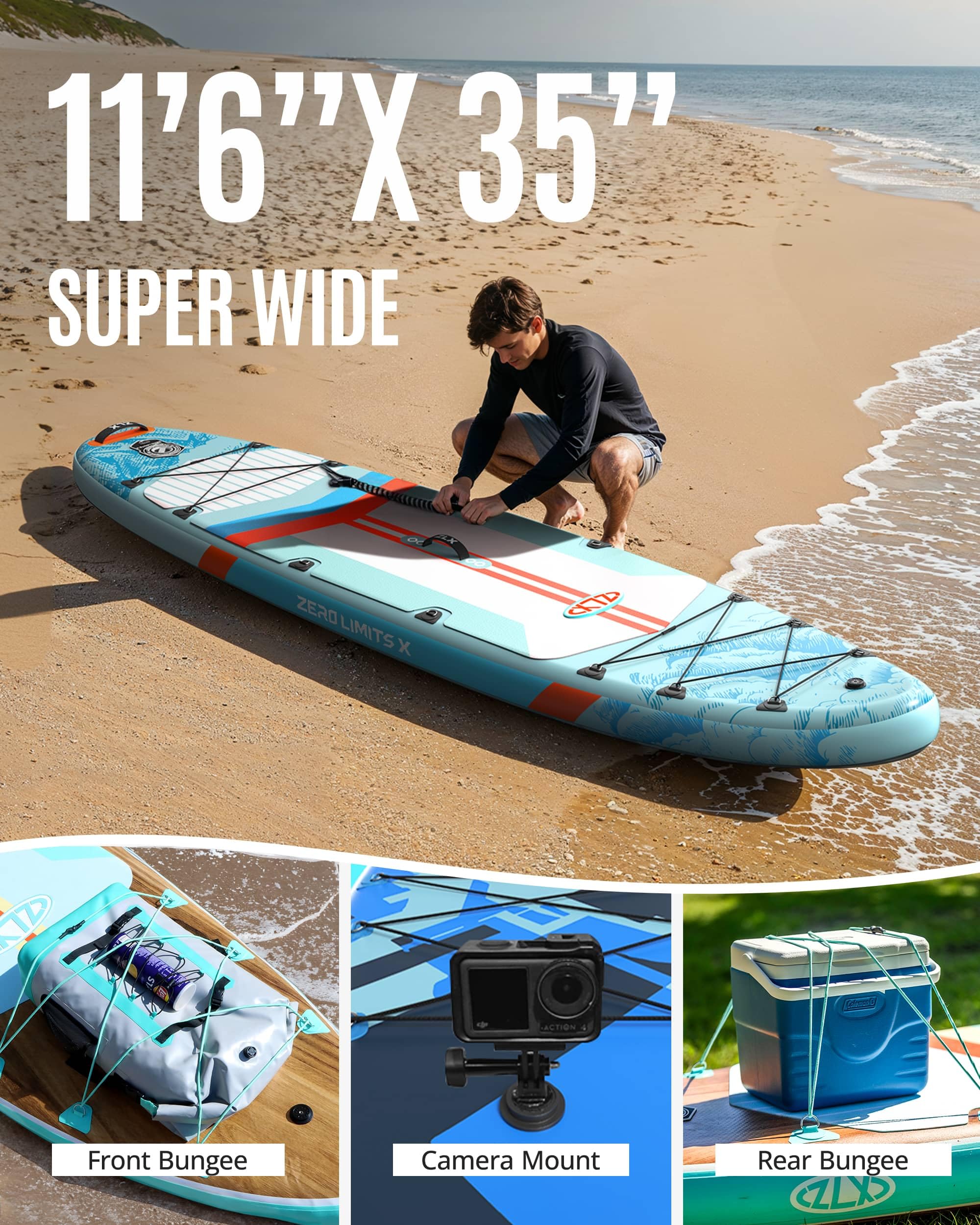 ZLX 11'6"x35" Ultra Wide Inflatable Stand Up Paddle Board | Stable Non-Slip Deck Pad, Unique Fin System, Premium SUP Accessories & Backpack - Upgraded Pump for Adults, All Skill Levels