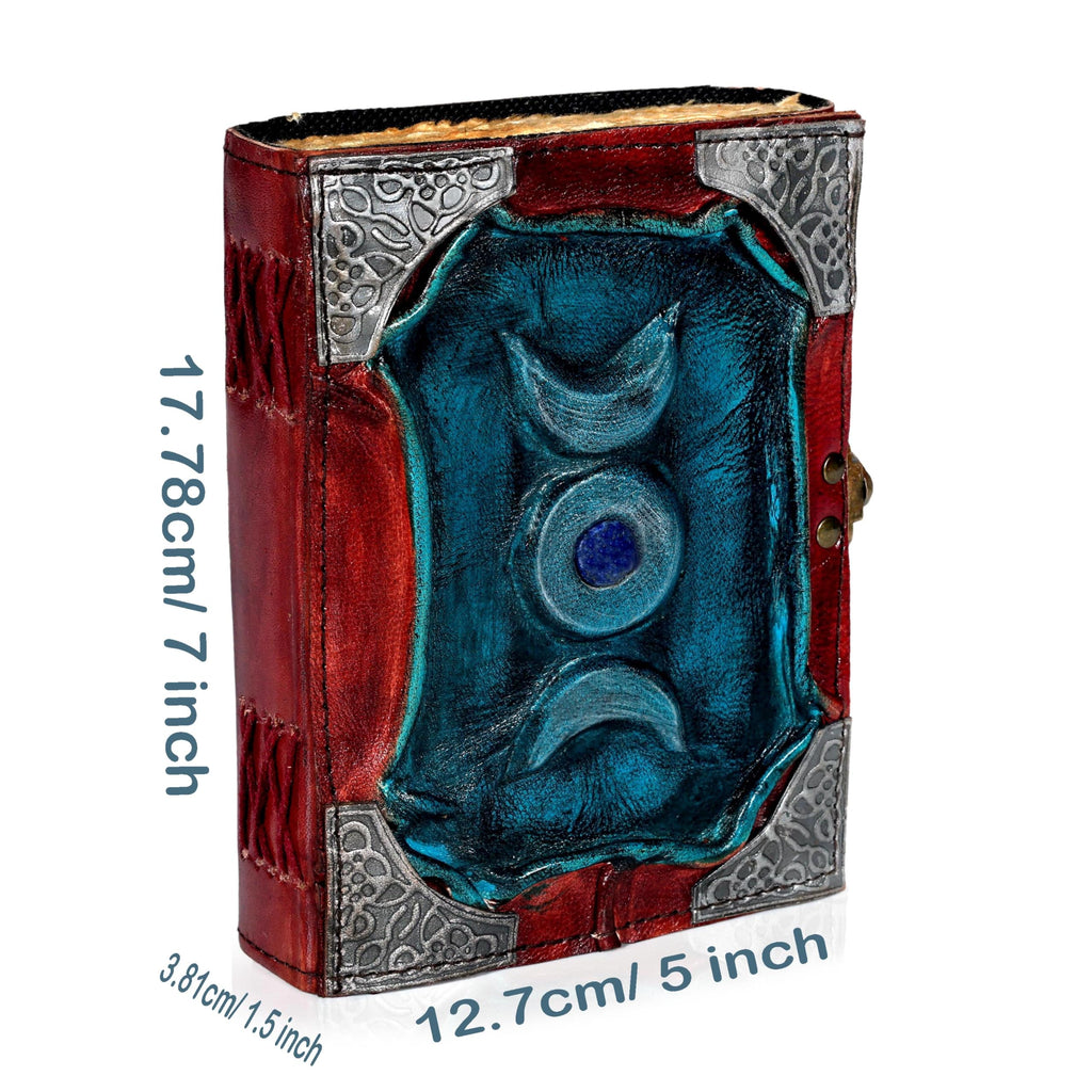 3 Moon Blue Lapis Embossed Vintage Leather Journal | 240 Pages of Antique Handmade Deckle Edge Vintage Paper, Leather Sketchbook, Drawing Journal, Great Gift (5 by 7 inch, black)