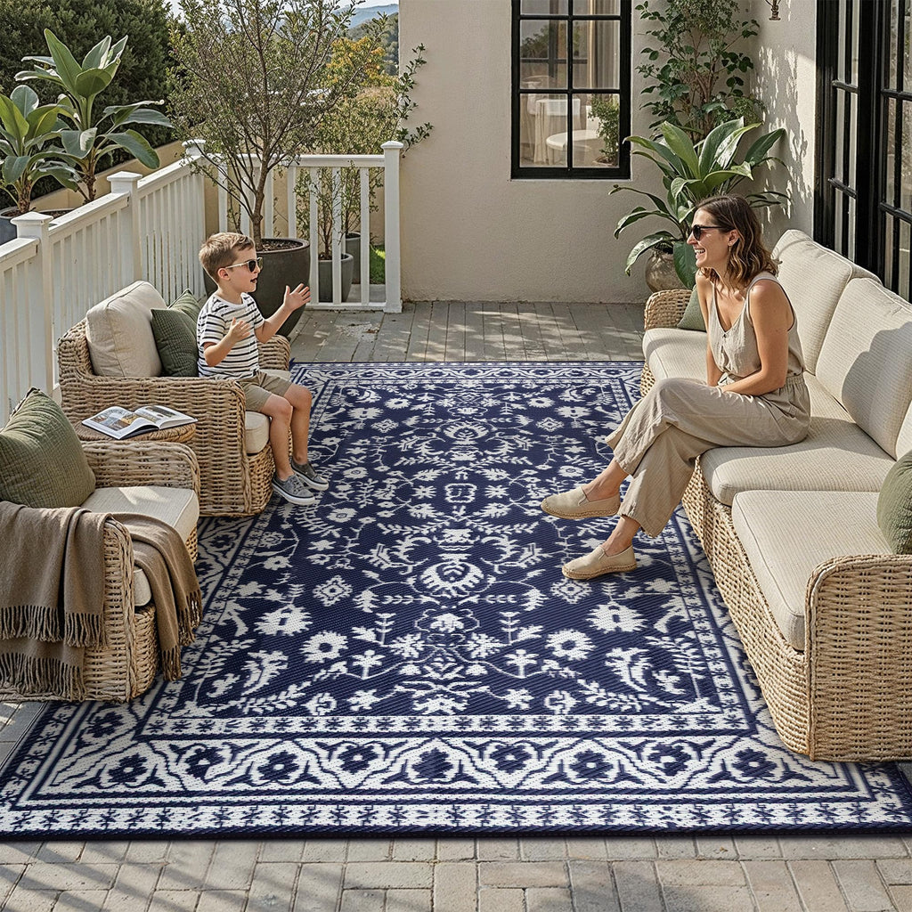 PureCozy Outdoor Plastic Straw Rug Black Beige Large Outside Waterproof Outdoor Patio 5x8 Carpet Geometric Reversible Mat Modern for Camping RV Porch Deck Balcony Beach