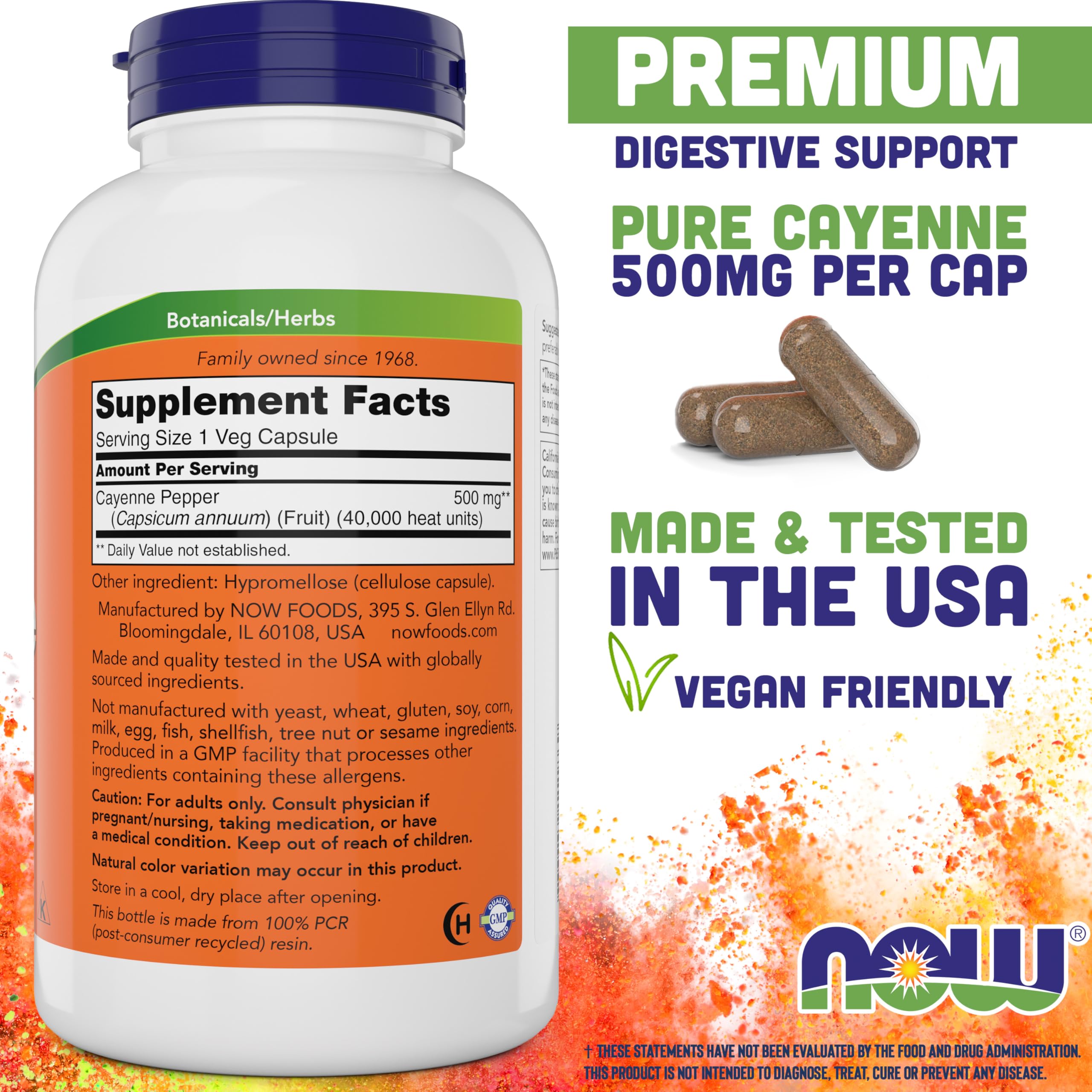 NOW Foods Supplements, Cayenne (Capsicum annuum) 500 mg, Herbal Support, 100 Veg Capsules