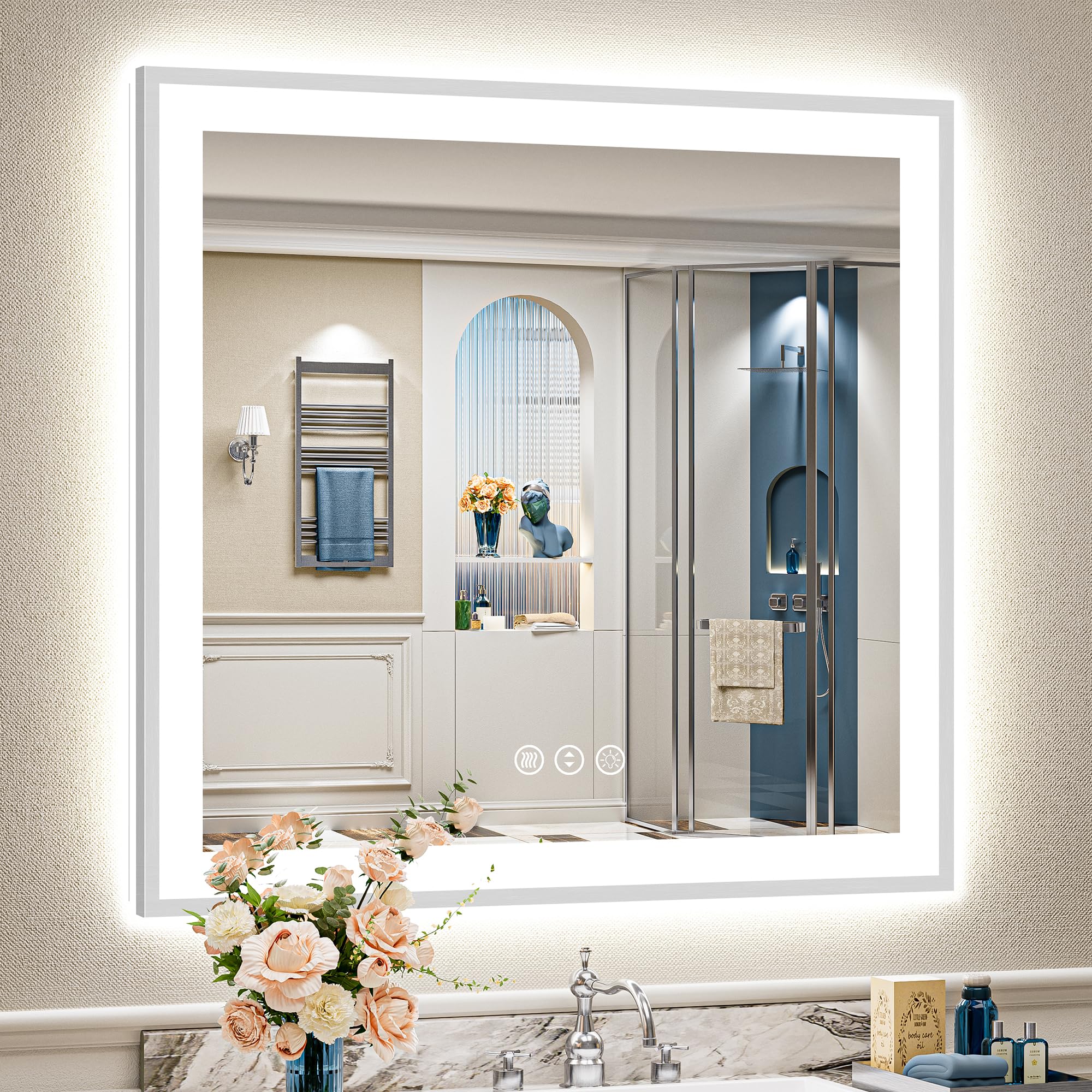 24x32 Black Framed LED Bathroom Mirror with Lights, Backlit and Front Lit Anti-Fog Lighted Vanity Mirrors for Bathroom Wall, Dimmable, 3 Colors, Memory, HD Tempered Glass, Horizontal/Vertical