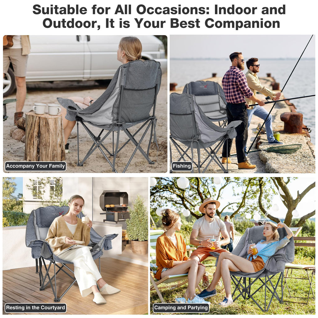 Double Camping Chair Heavy Duty Oversized Padded Loveseat for Adults 2 Person Outdoor Portable Camping Chairs for Lawn, Backyard, Fishing, Trip, Support 600lbs, Grey