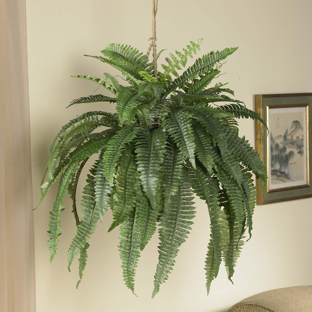 Nearly Natural 6599 18in. Boston Fern Artificial Plant in Hanging Basket, Green,29" x 29" x 18"