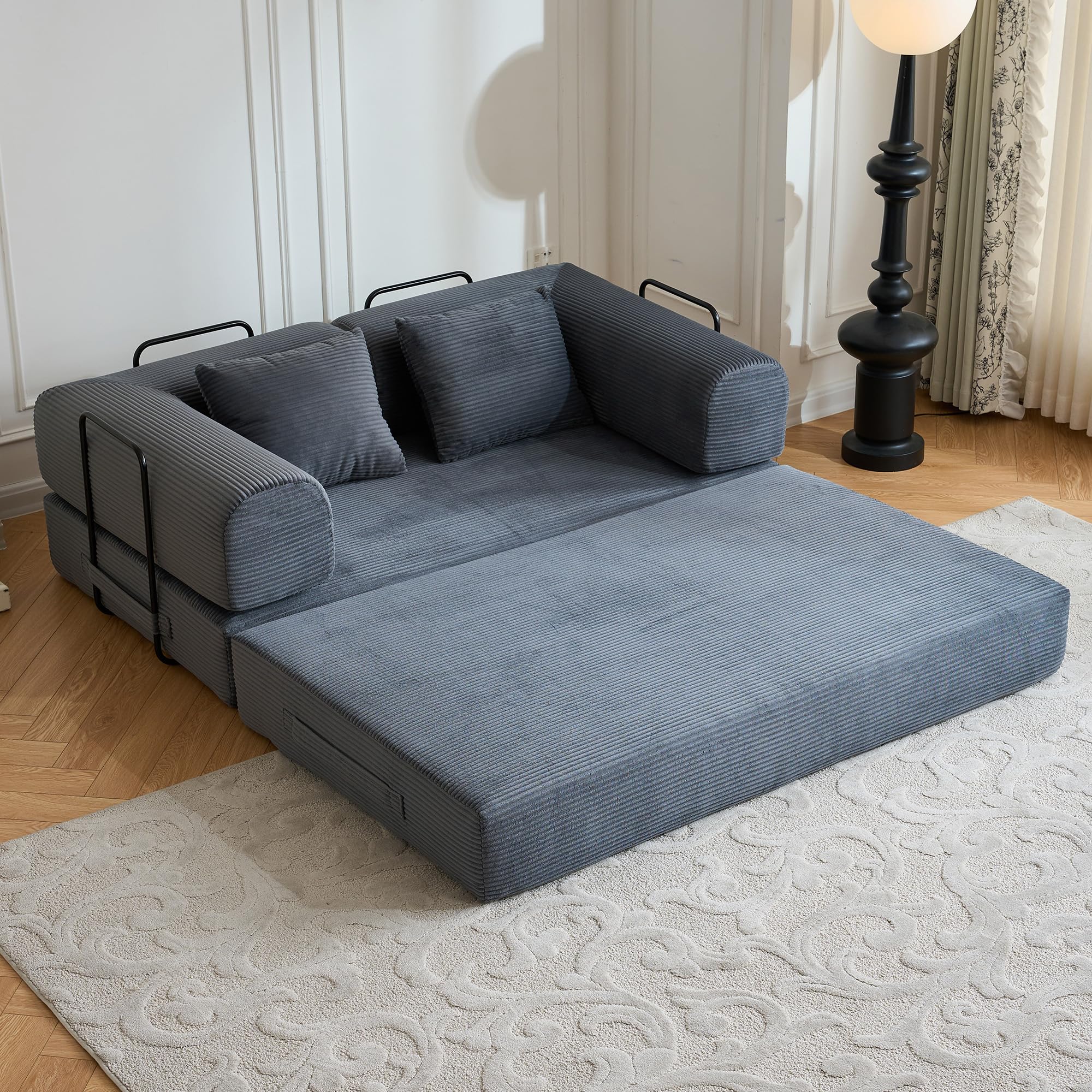 ZEIINPA 59“ Convertible Floor Sofa Bed, 5-in-1 Futon Sofa Bed Pull Out Sleeper Couch, Modern Corduroy Compressed Loveseat, Modular Boneless Couches for Living Room, No Assembly Required, Beige