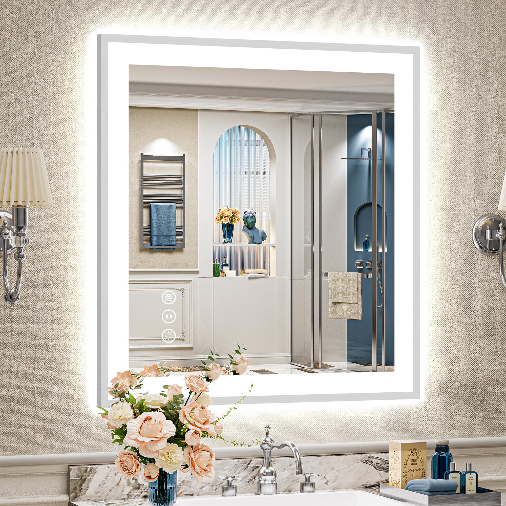 24x32 Black Framed LED Bathroom Mirror with Lights, Backlit and Front Lit Anti-Fog Lighted Vanity Mirrors for Bathroom Wall, Dimmable, 3 Colors, Memory, HD Tempered Glass, Horizontal/Vertical