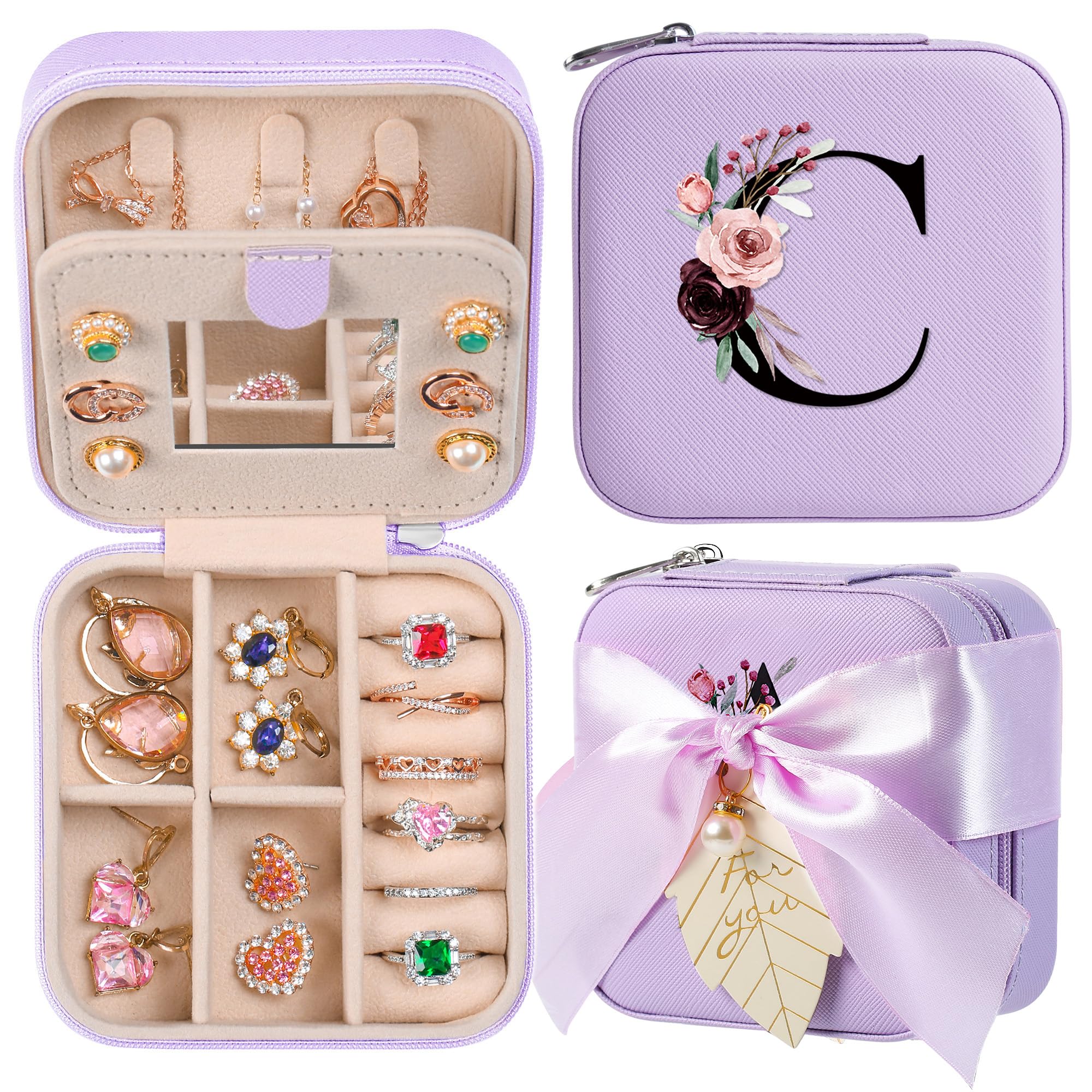 AYGXU Travel Jewelry Box for Women and Girls - Small Case With Initial A-Z - Teacher Gifts