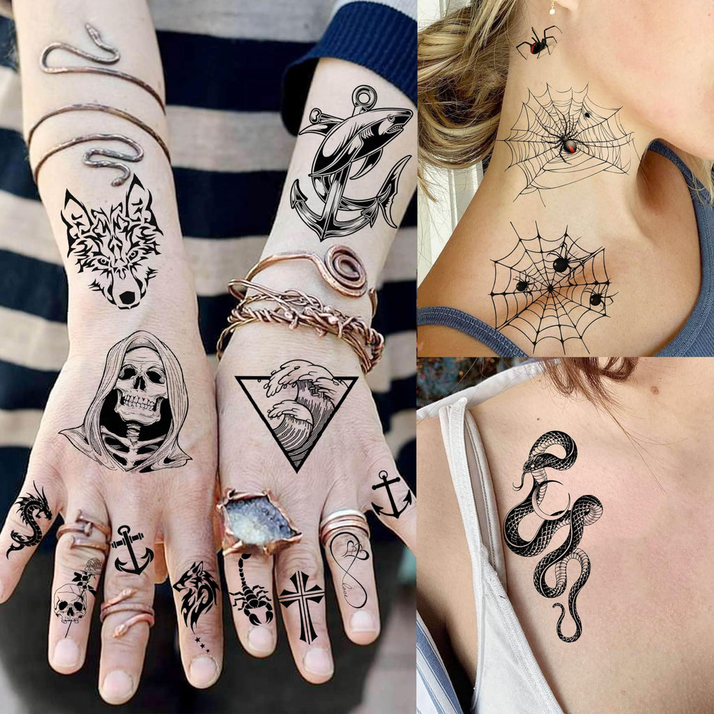 EGMBGM 52 Sheets Tiny Small Temporary Tattoos For Kids Boys Girls, Tribal Animals Butterfly Anchor Compass Tattoo Stickers For Men Women, 3D Cute Flower Fake Face Tatoo Kits Sets For Neck Arm Hands