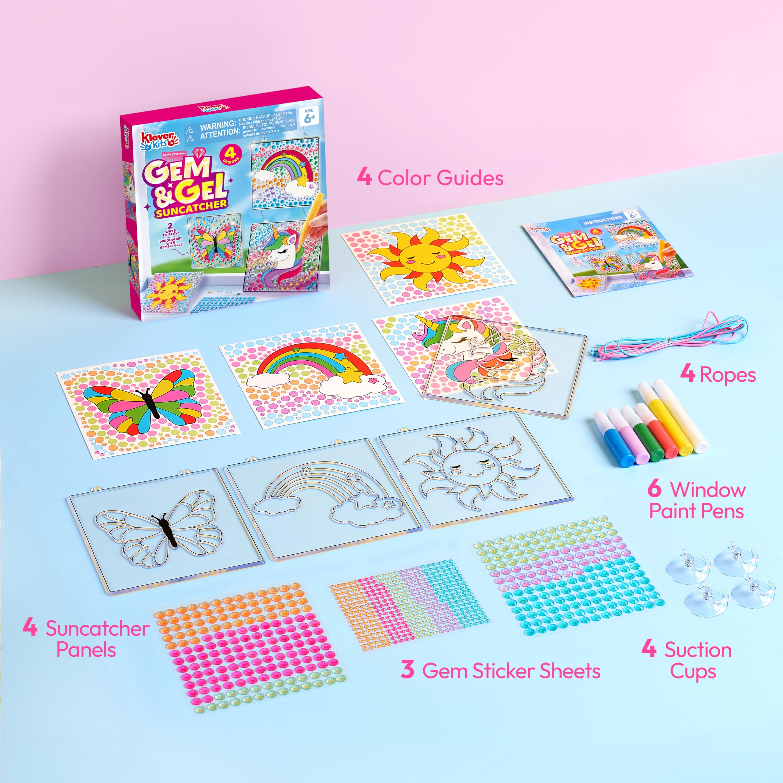 Klever Kits 4PCS Window Art Suncatcher Kits, Fun Gem Painting Kits, Diamond Art and Crafts for Boys Girls, Great Crafts Gift for Kids Birthdays Christmas Ages 6+