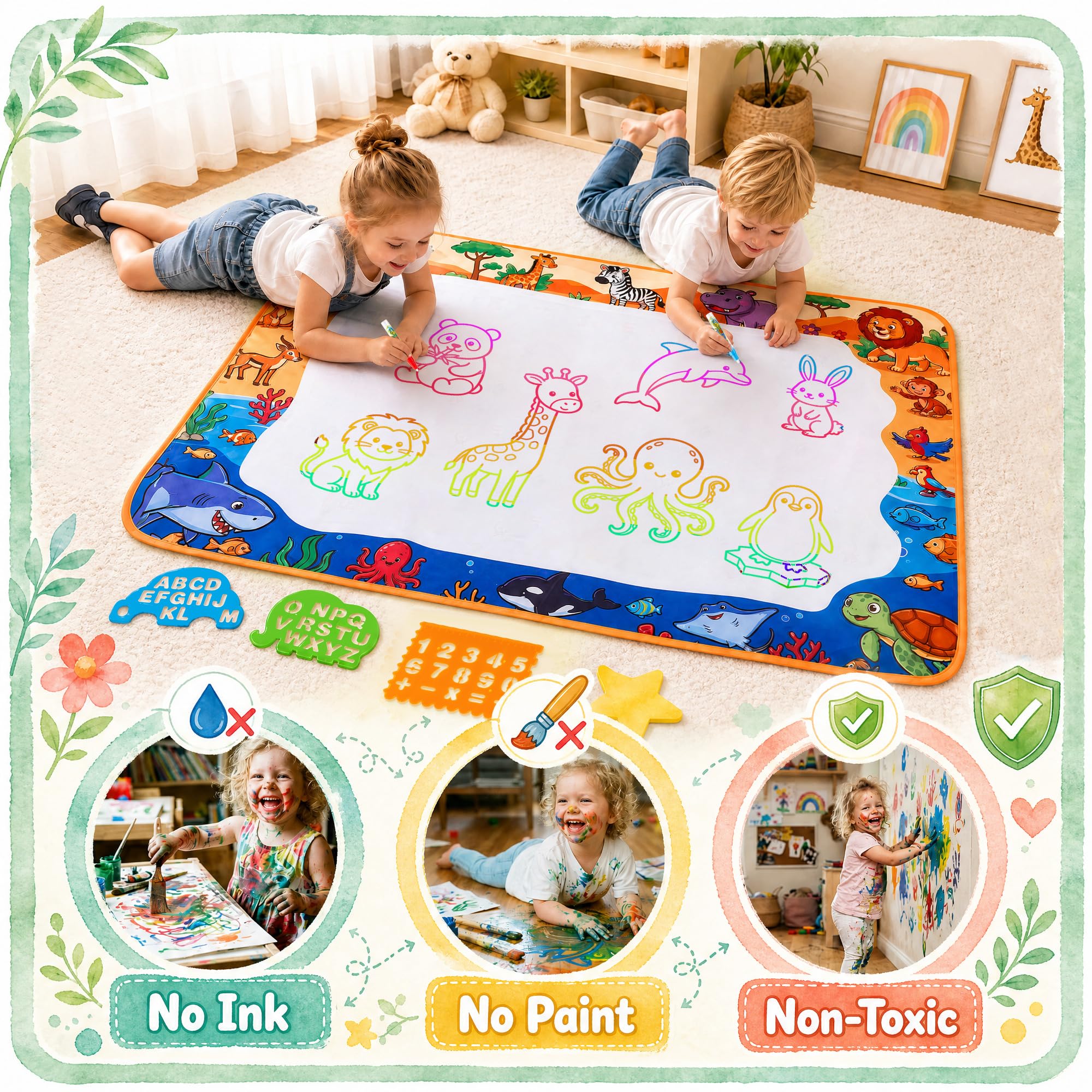 Aqua Water Doodle Mat - Kids Drawing Mat Toddlers Educational Toys for Age 3 4 5 6 7 8 Year Old Boys Girls Gifts - Neon Color Mat Doodle Board Writing Drawing Toys Holiday Christmas Birthday Gifts