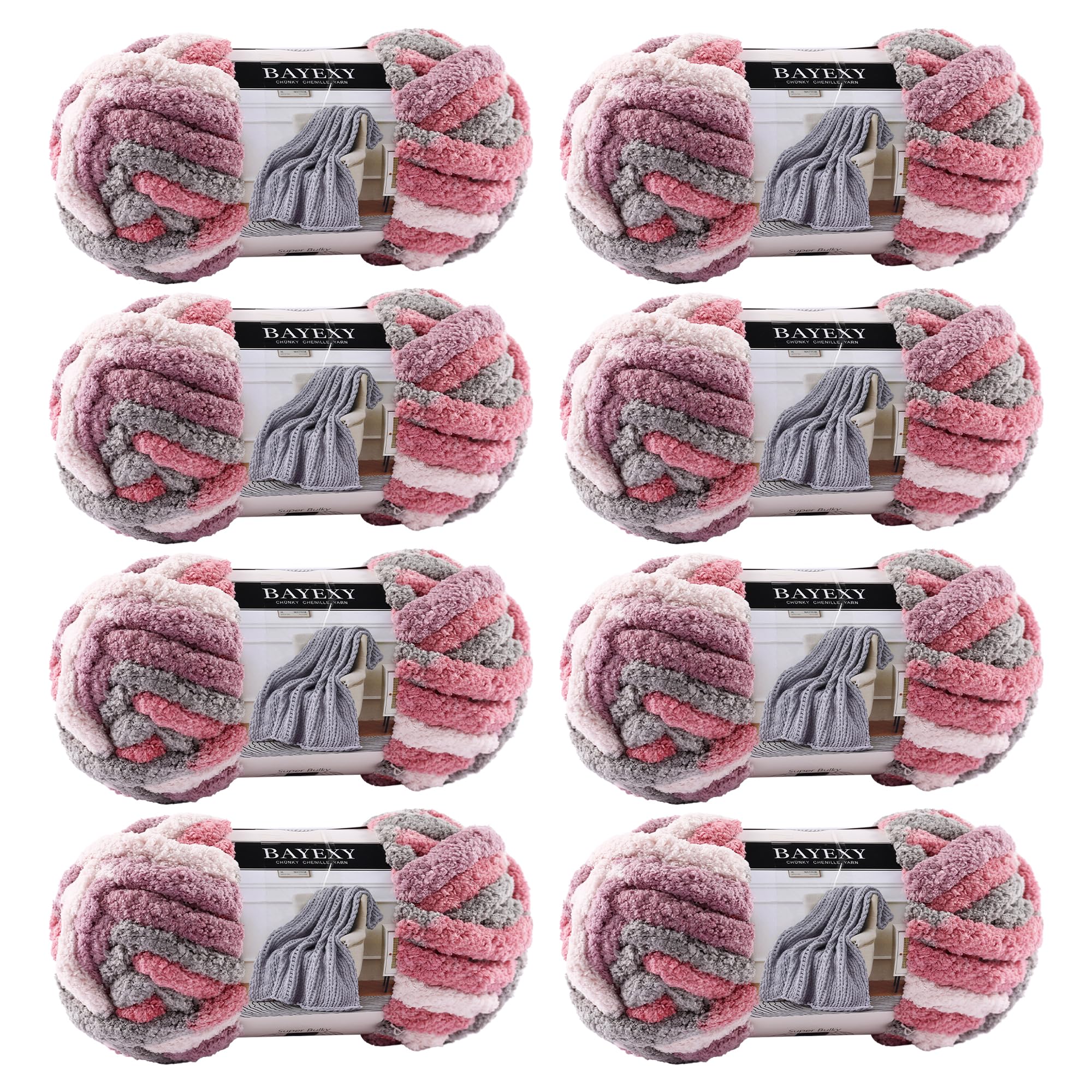 Chunky Chenille Yarn for Hand Knitting 8 Jumbo Pack Jumbo Chunky Yarn for Hand Soft Blanket Knitting, Bulky Thick Fluffy Yarn for Crocheting (Black)