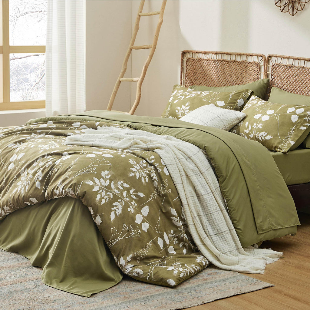 Bedsure Twin Comforter Set - 5 Pieces Floral Sage Green Soft Bedding Sets, Twin Bed in a Bag with Botanical Flowers Comforter, Sheets, Pillowcase & Sham
