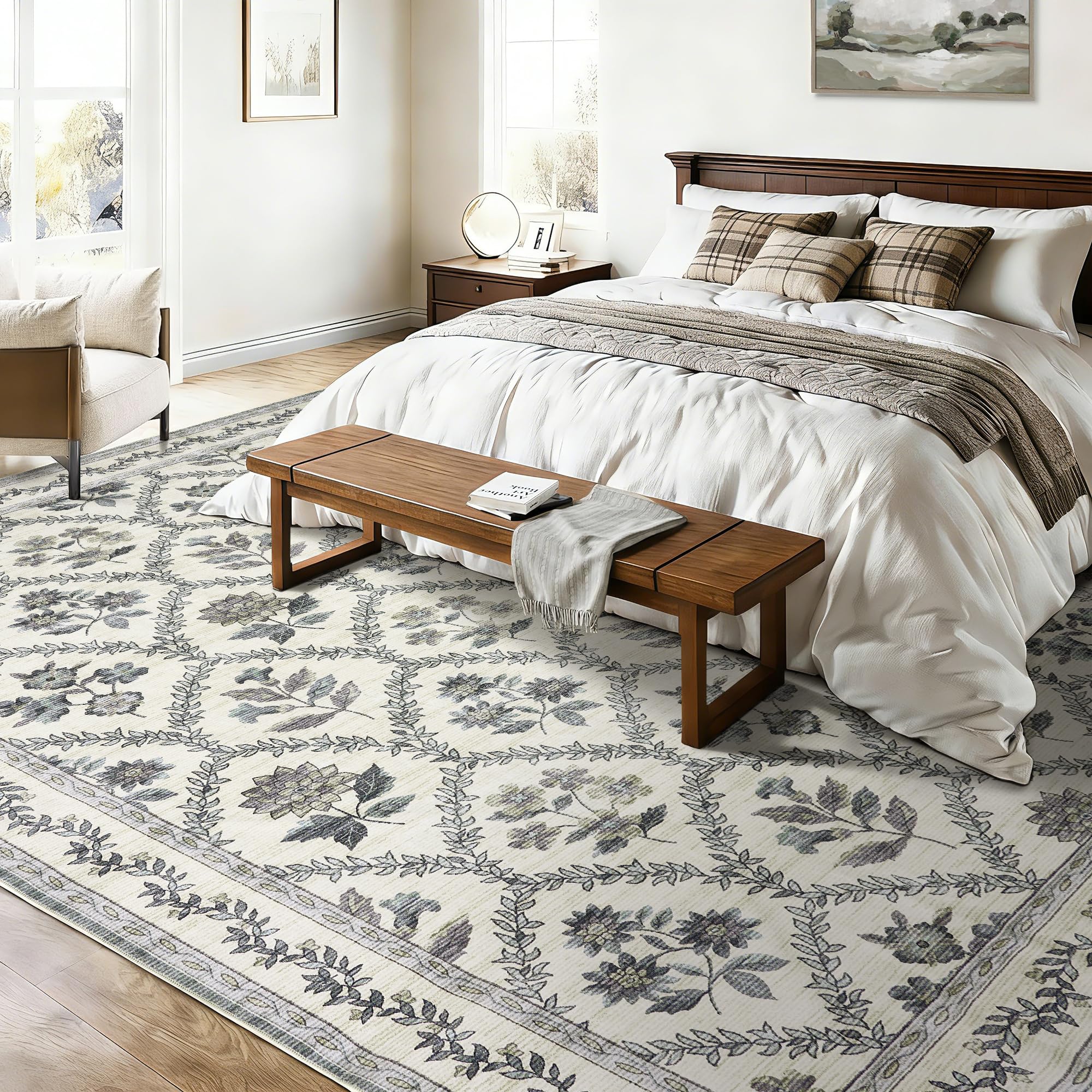 Black Floral Area Rug for Entryway 2x3 Washable Small Rug Low Pile Non Slip Distressed Entry Mat Soft Farmhouse Indoor Entrance Door Mat for Kitchen Bedroom Home Office Black Grey and White