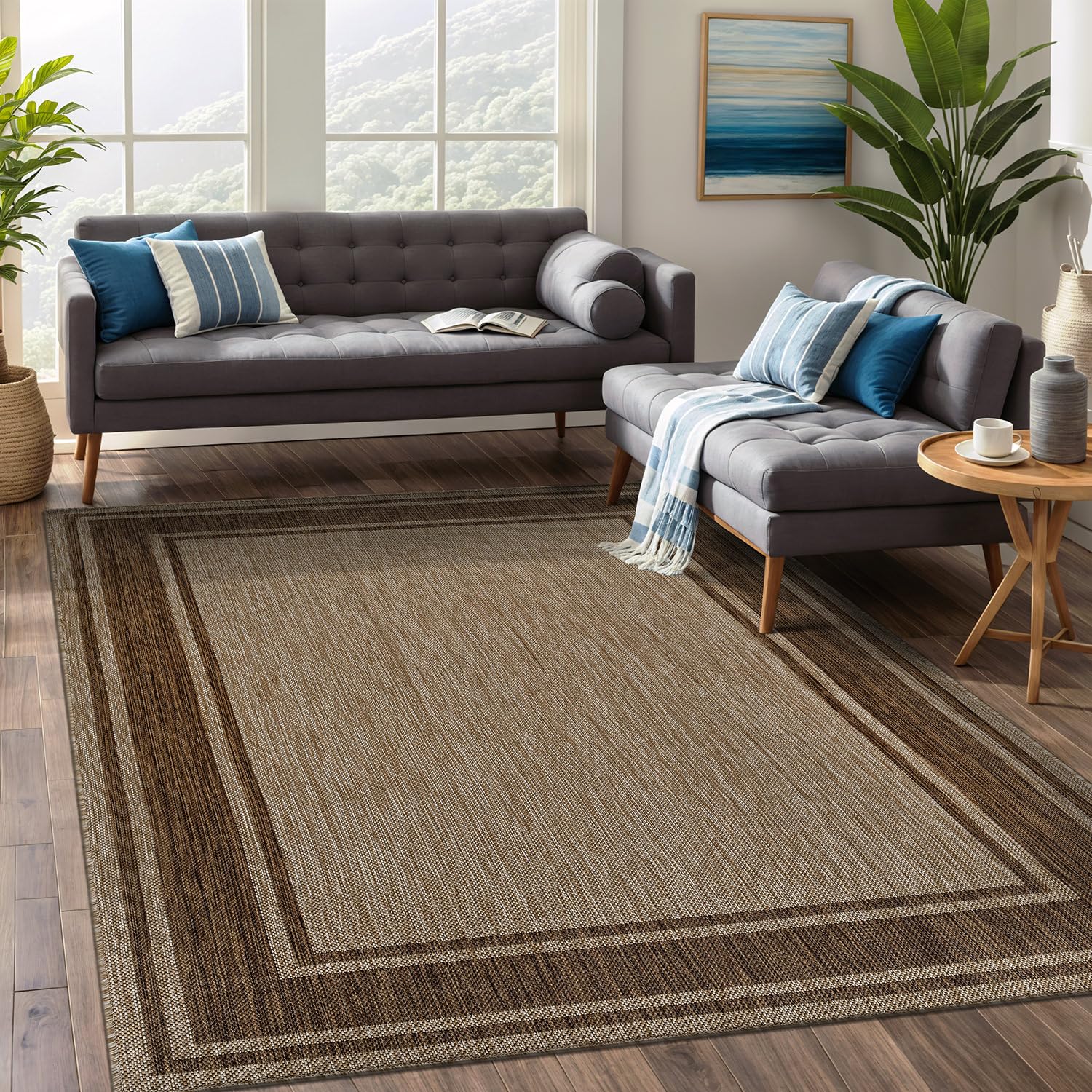 Beverly Rug Outdoor Rug 5x7 Modern Bordered Area Rugs for Indoor and Outdoor Patio Deck Porch Garden Waterproof Weather Sun Resistant Washable Outside Carpet (5 x 7 Beige)