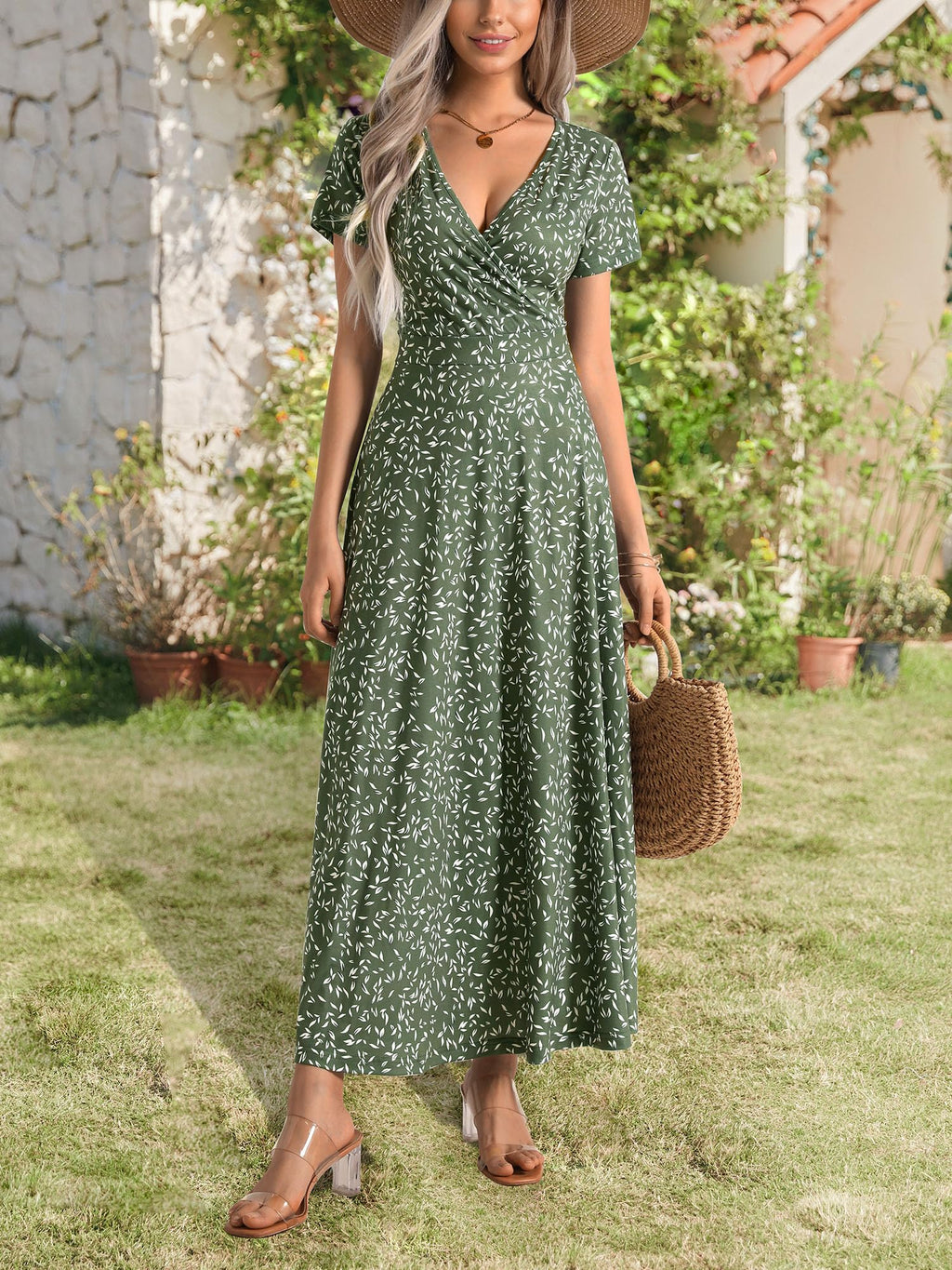 HUHOT Women's Short Sleeve Wrap V Neck Dresses for Wedding Guest Summer Floral Maxi Sundresses with Pockets Boho Dress