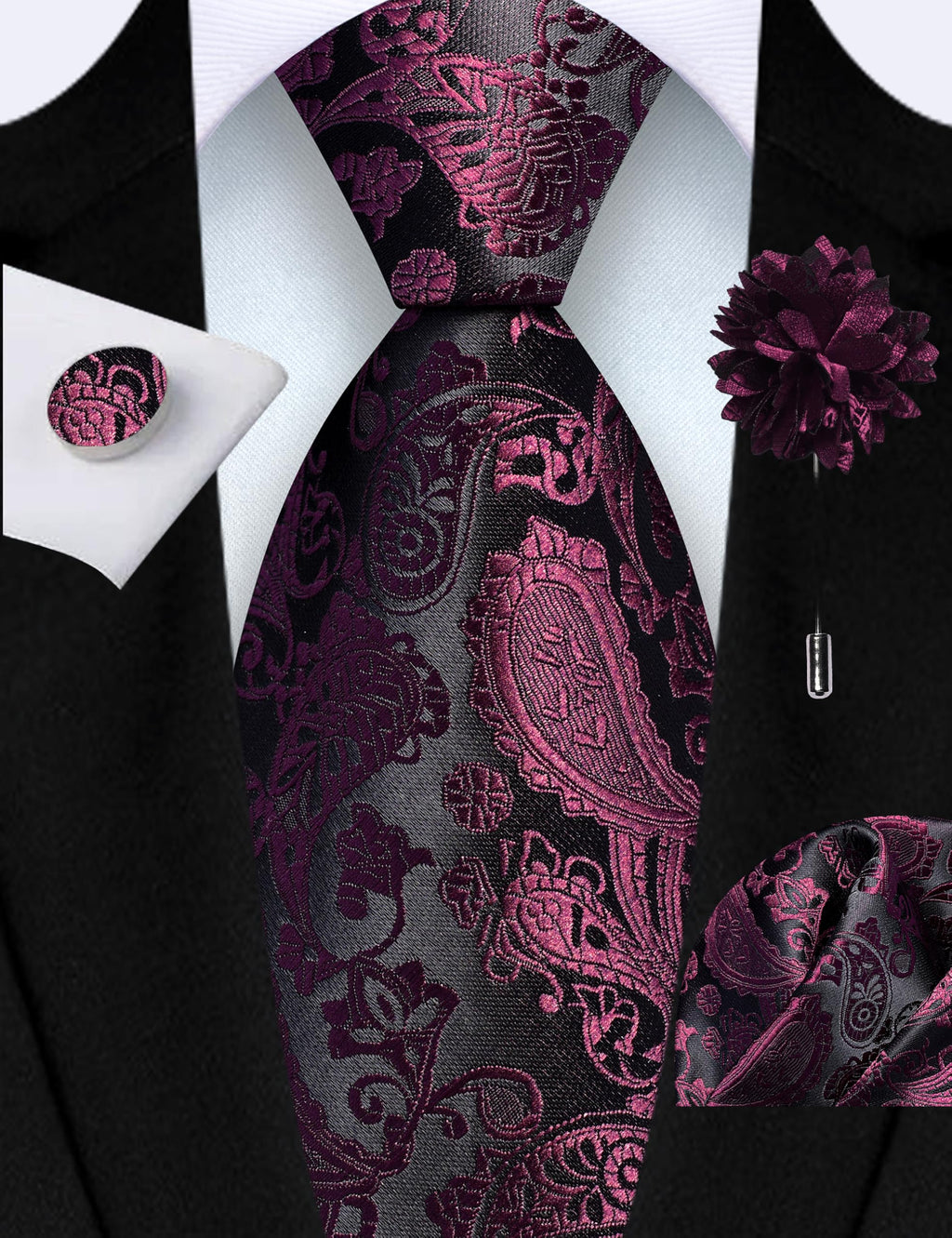GUSLESON 3.15"（8cm） Mens Paisley Tie and Lapel Pin Necktie Hankerchief Cufflinks Set for Men