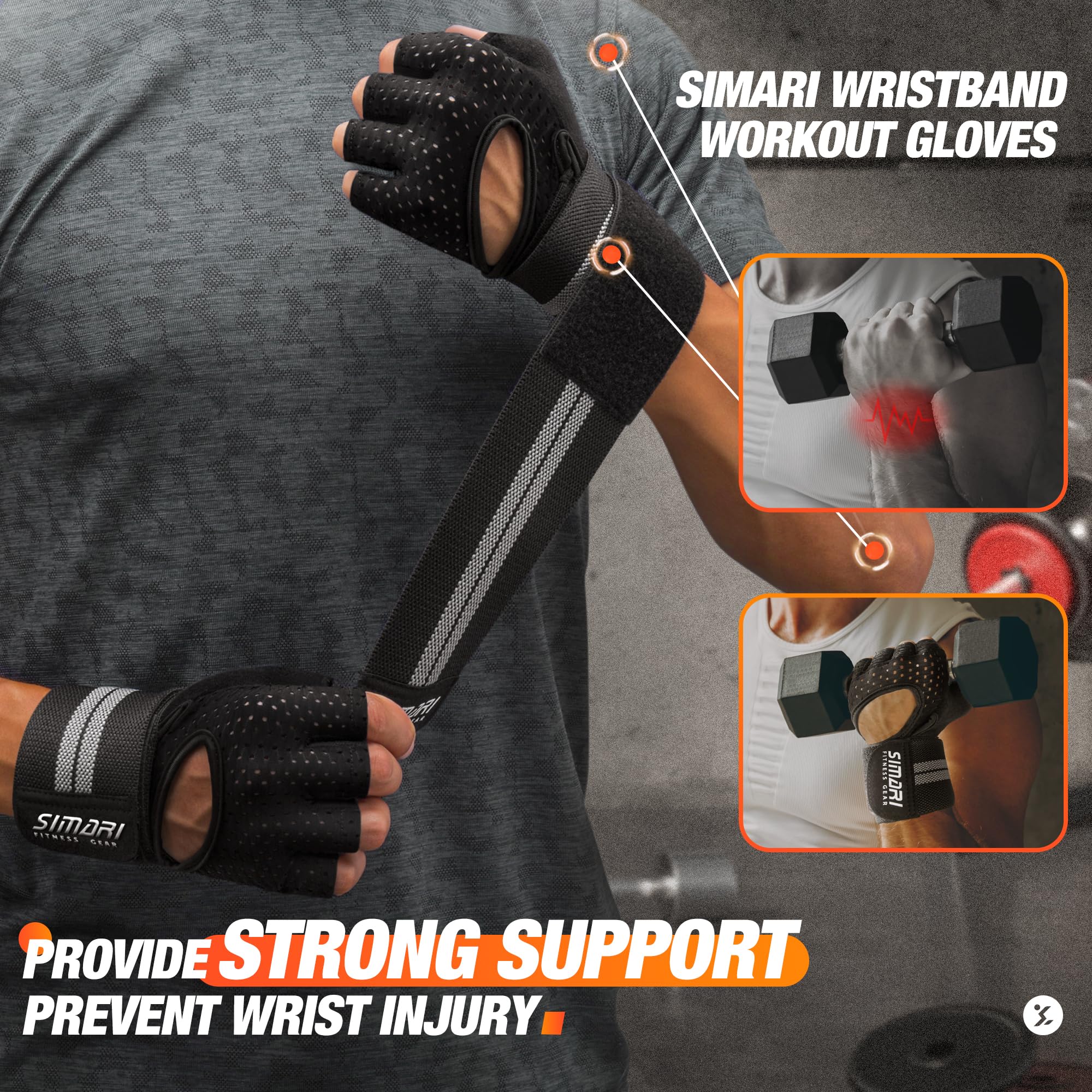 SIMARI Breathable Workout Gloves for Men Women, Padded Weight Lifting Gloves with Wrist Wraps Support, Full Palm Protection, Grip for Gym Training, Fitness, Weightlifting, Exercise Fingerless Black