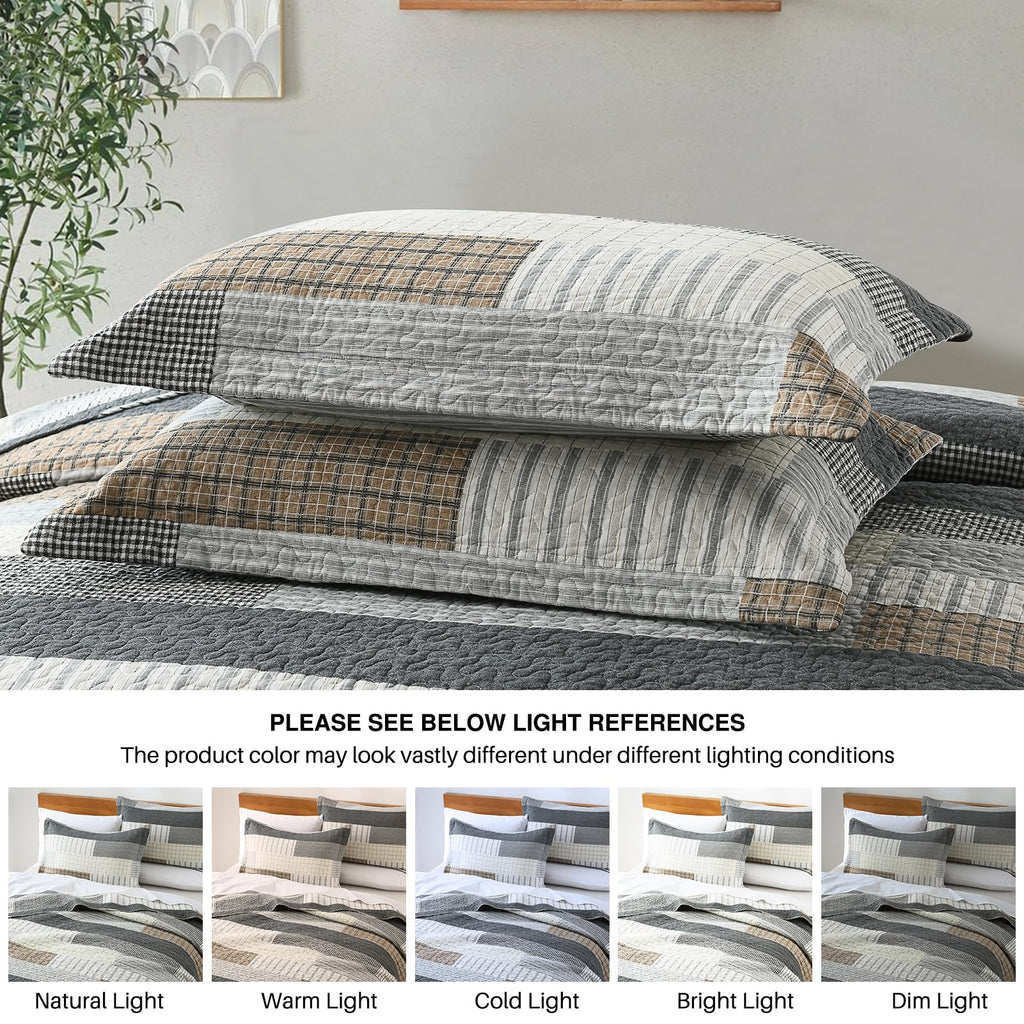Y-PLWOMEN 100% Cotton Farmhouse Plaid Lightweight 3-Pieces Quilt Set (Blue Brown, Queen90 * 98 Inch)