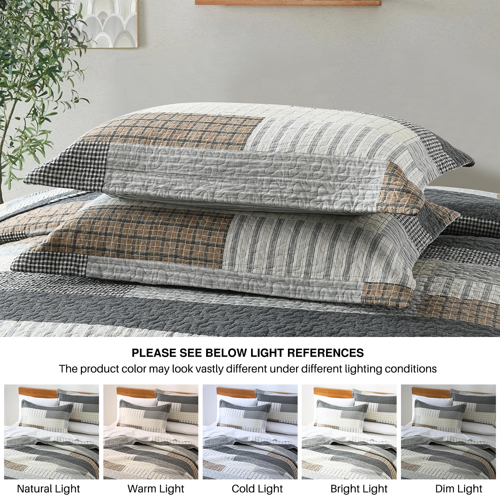 Y-PLWOMEN 100% Cotton Farmhouse Plaid Lightweight 3-Pieces Quilt Set (Blue Brown, Queen90 * 98 Inch)