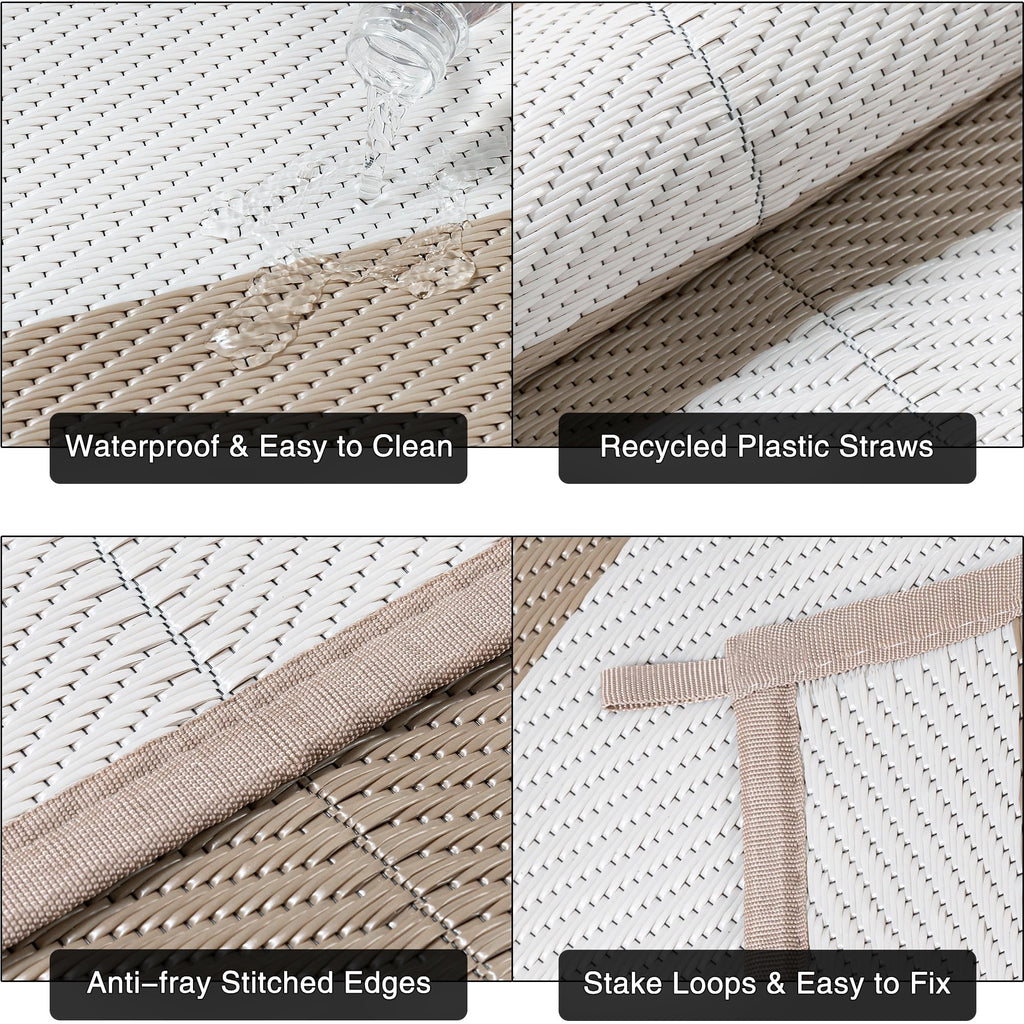 PureCozy Outdoor Plastic Straw Rug Black Beige Large Outside Waterproof Outdoor Patio 5x8 Carpet Geometric Reversible Mat Modern for Camping RV Porch Deck Balcony Beach