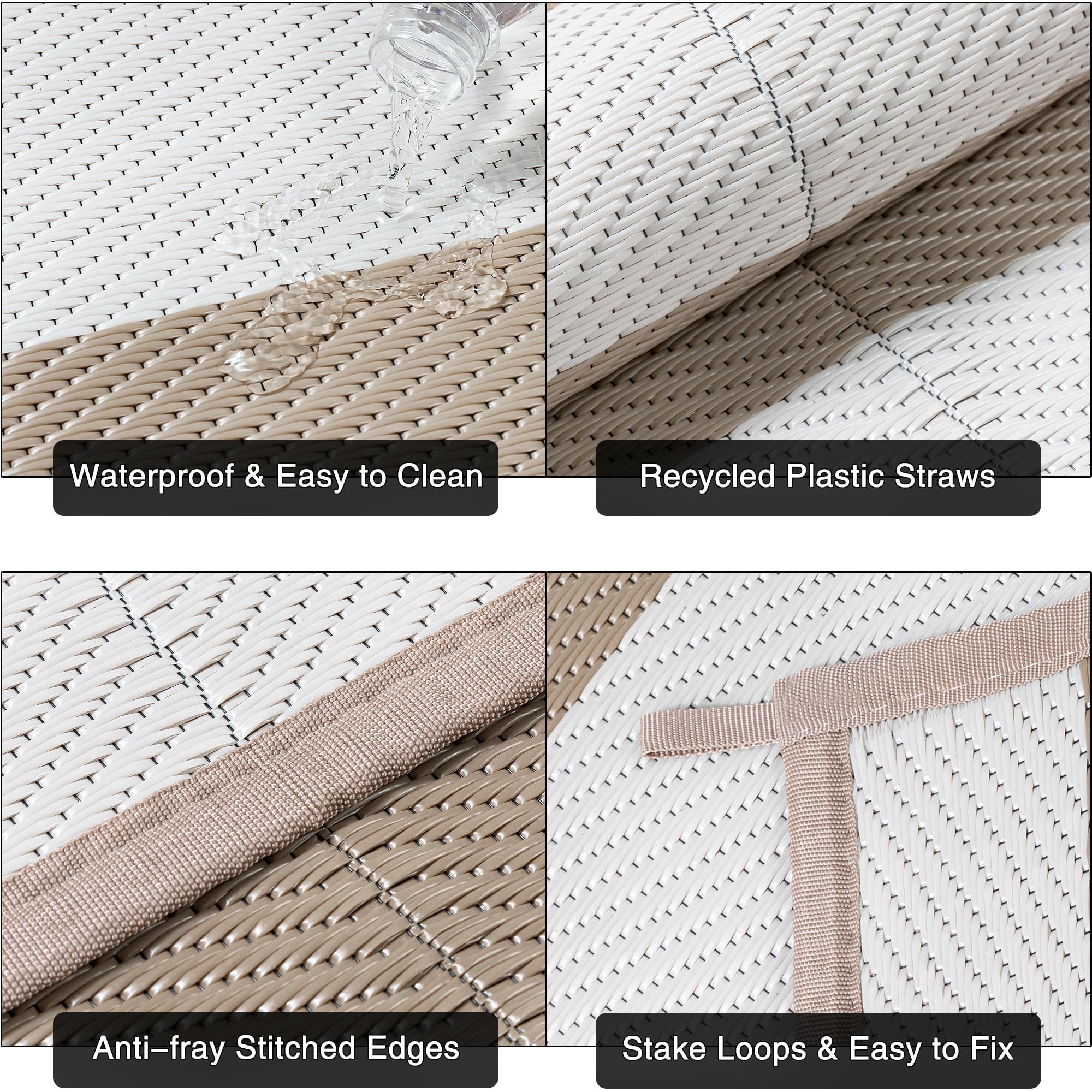 PureCozy Outdoor Plastic Straw Rug Black Beige Large Outside Waterproof Outdoor Patio 5x8 Carpet Geometric Reversible Mat Modern for Camping RV Porch Deck Balcony Beach