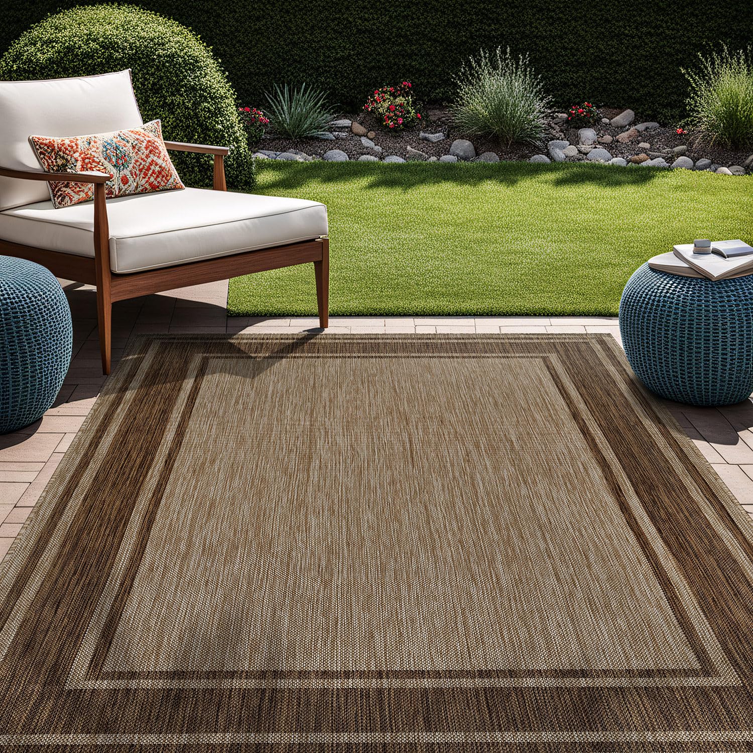 Beverly Rug Outdoor Rug 5x7 Modern Bordered Area Rugs for Indoor and Outdoor Patio Deck Porch Garden Waterproof Weather Sun Resistant Washable Outside Carpet (5 x 7 Beige)