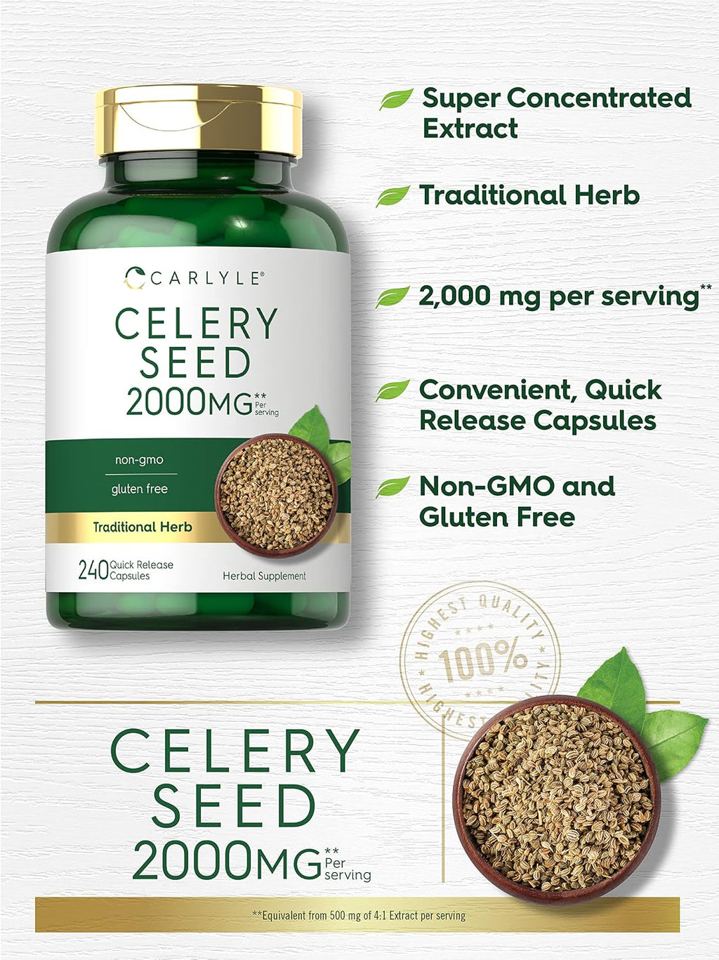 Carlyle Celery Seed Extract Capsules | 240 Count | Traditional Herb Supplement | Non-GMO and Gluten Free Formula