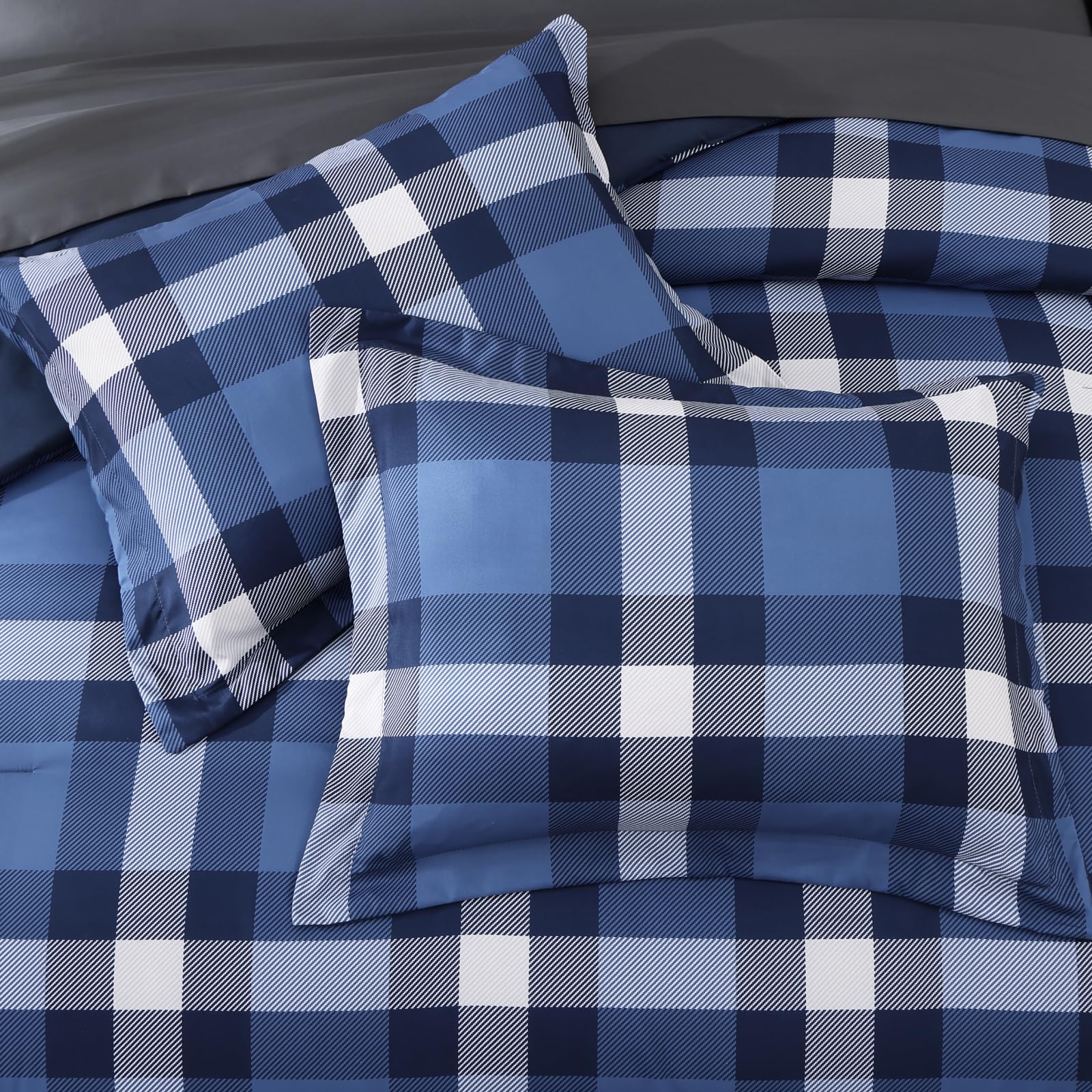 MaiRêve Queen Comforter Set, Classic Plaid Farmhouse Bedding Sets 7 Pieces, Beige All Season Bed in A Bag with Sheets, Pillowcases & Shams