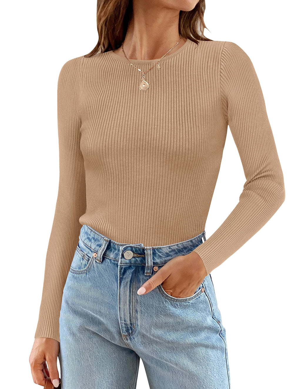ZESICA Women's Long Sleeve Crewneck Shirts 2026 Spring Ribbed Knit Sweater Slim Fitted Casual Basic Tee Tops