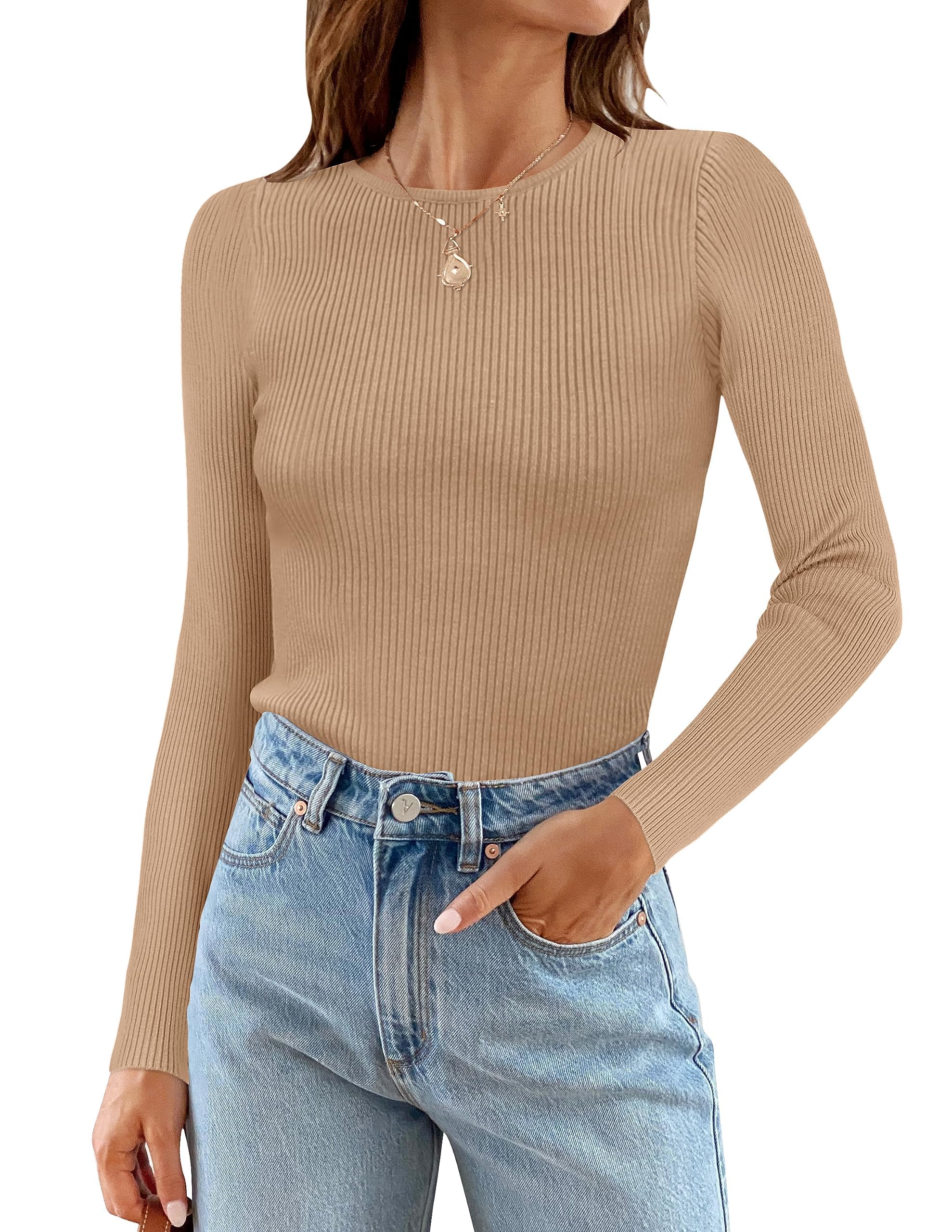 ZESICA Women's Long Sleeve Crewneck Shirts 2026 Spring Ribbed Knit Sweater Slim Fitted Casual Basic Tee Tops