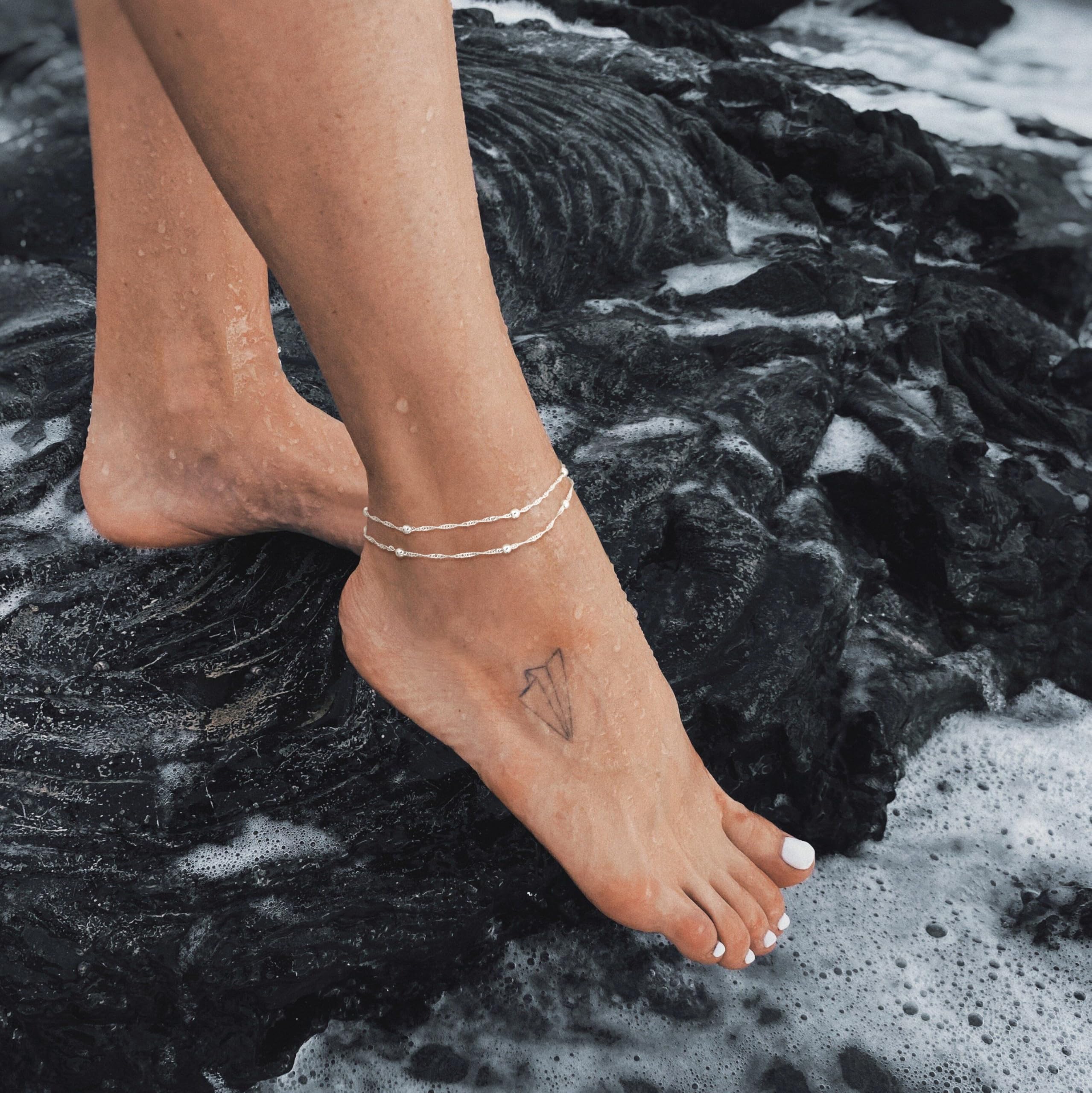 Freekiss Sterling Silver Ankle Bracelets for Women: Dainty Layered Waterproof Anklet for Women Adjustable Womens Anklet Set Stackable Figaro Beaded Cuban Link Anklets Beach Jewelry for Women