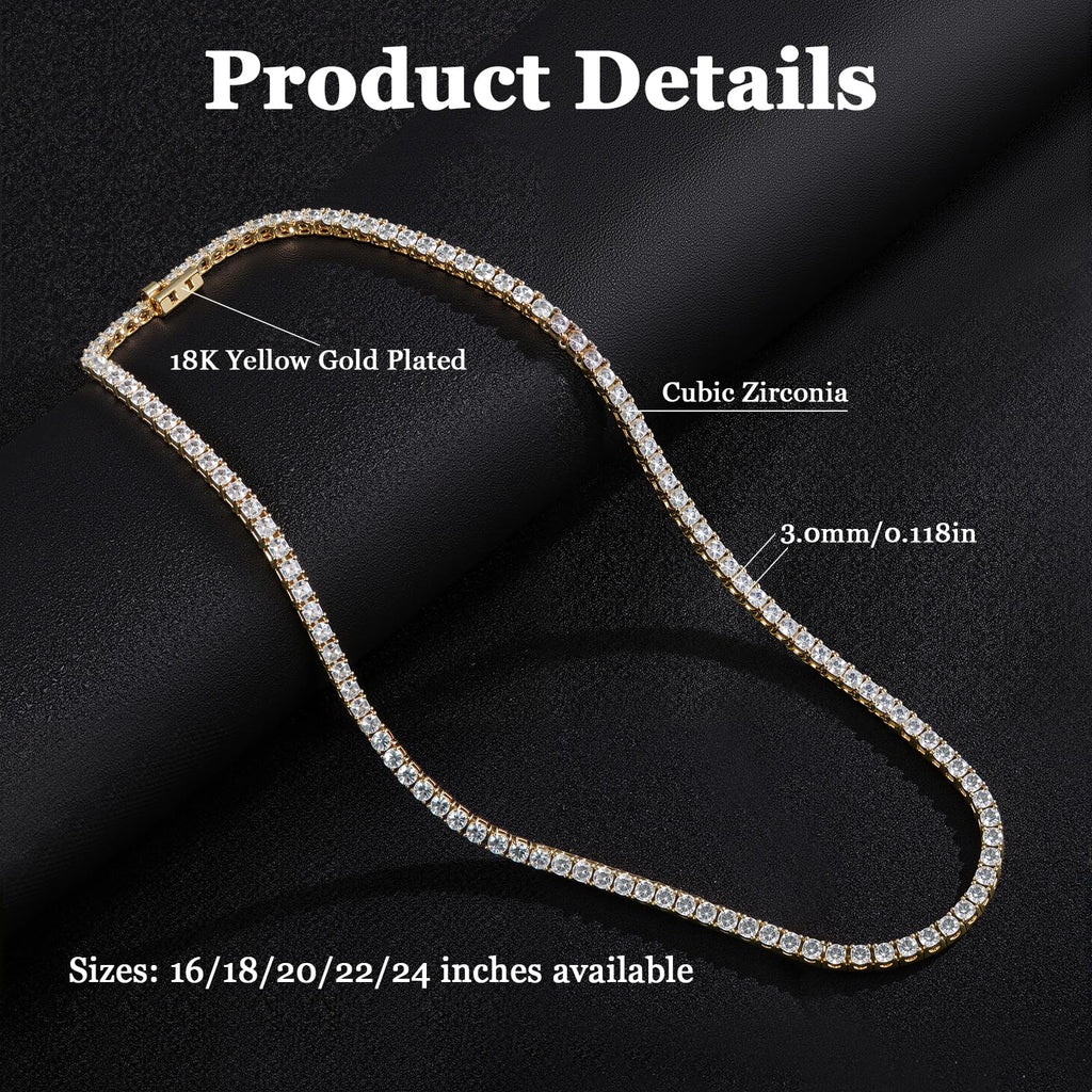Gemsme 18K White/Yellow Gold Plated 3.0mm Round Cubic Zirconia Classic Tennis Necklace For Women 16-24 Inches