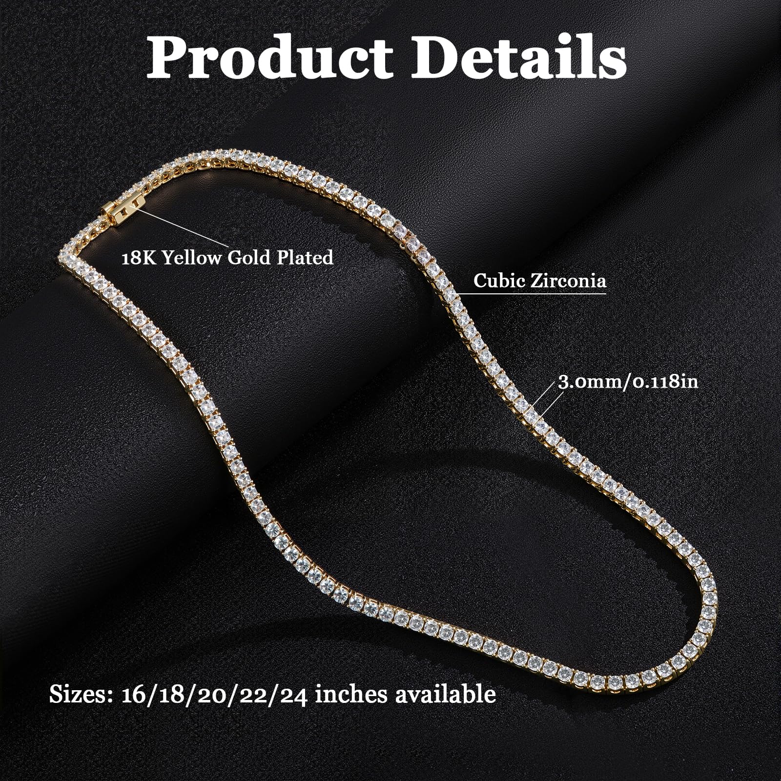 Gemsme 18K White/Yellow Gold Plated 3.0mm Round Cubic Zirconia Classic Tennis Necklace For Women 16-24 Inches