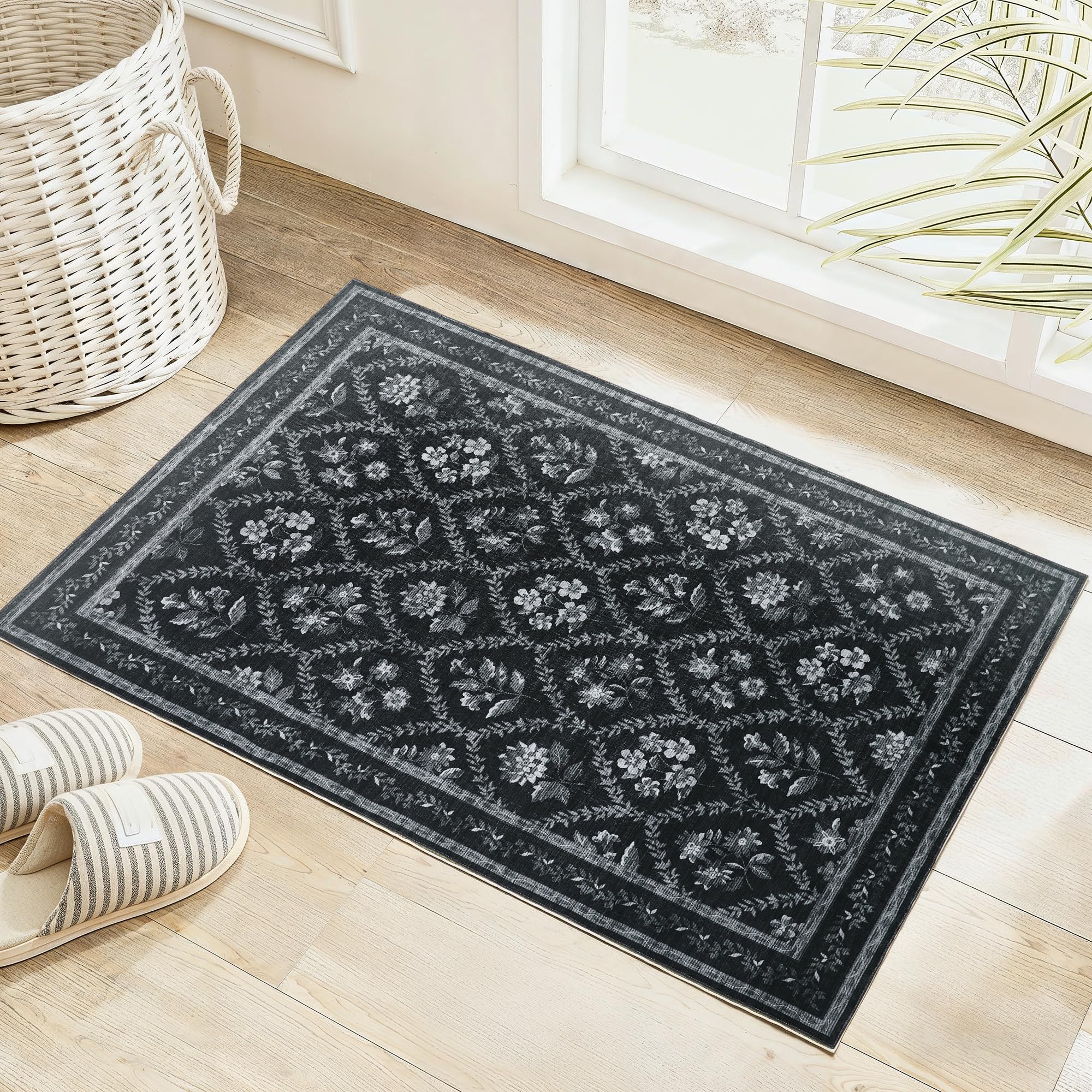 Black Floral Area Rug for Entryway 2x3 Washable Small Rug Low Pile Non Slip Distressed Entry Mat Soft Farmhouse Indoor Entrance Door Mat for Kitchen Bedroom Home Office Black Grey and White